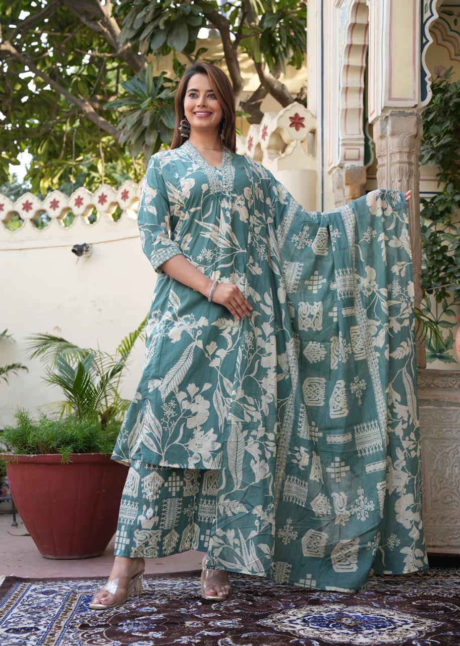 Teal Green Floral 3 piece Kurta Set with hand bag and earrings Combo (C18)