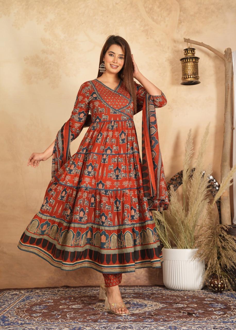Rust Red  Printed Anarkali set (Z0147)