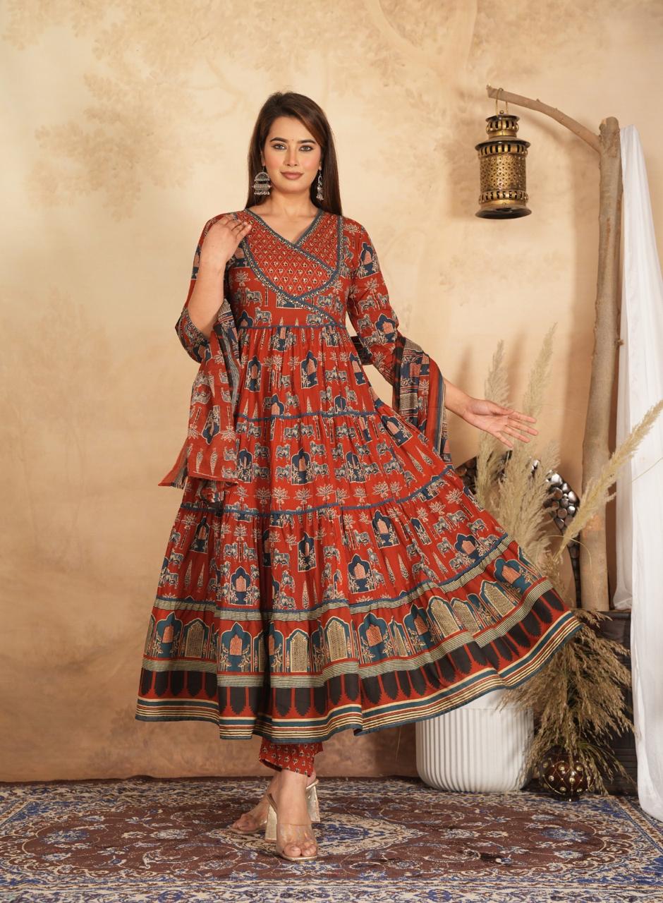 Rust Red  Printed Anarkali set (Z0147)