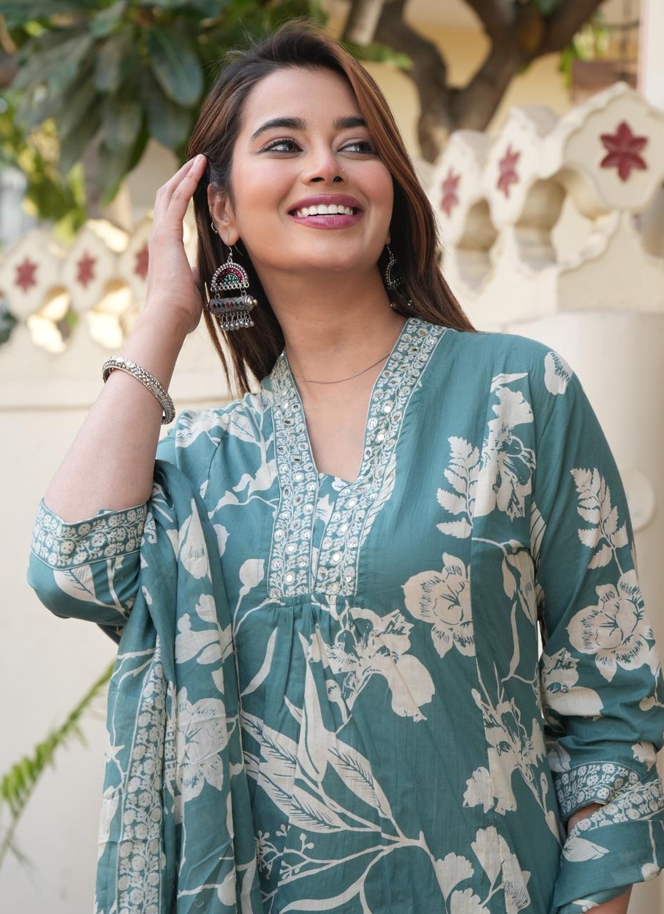 Teal Green Floral  3 piece  Kurta Set (Z0149)