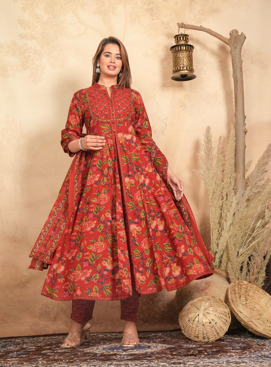 Rust Red Handblock Anarkali Set (Z0153)
