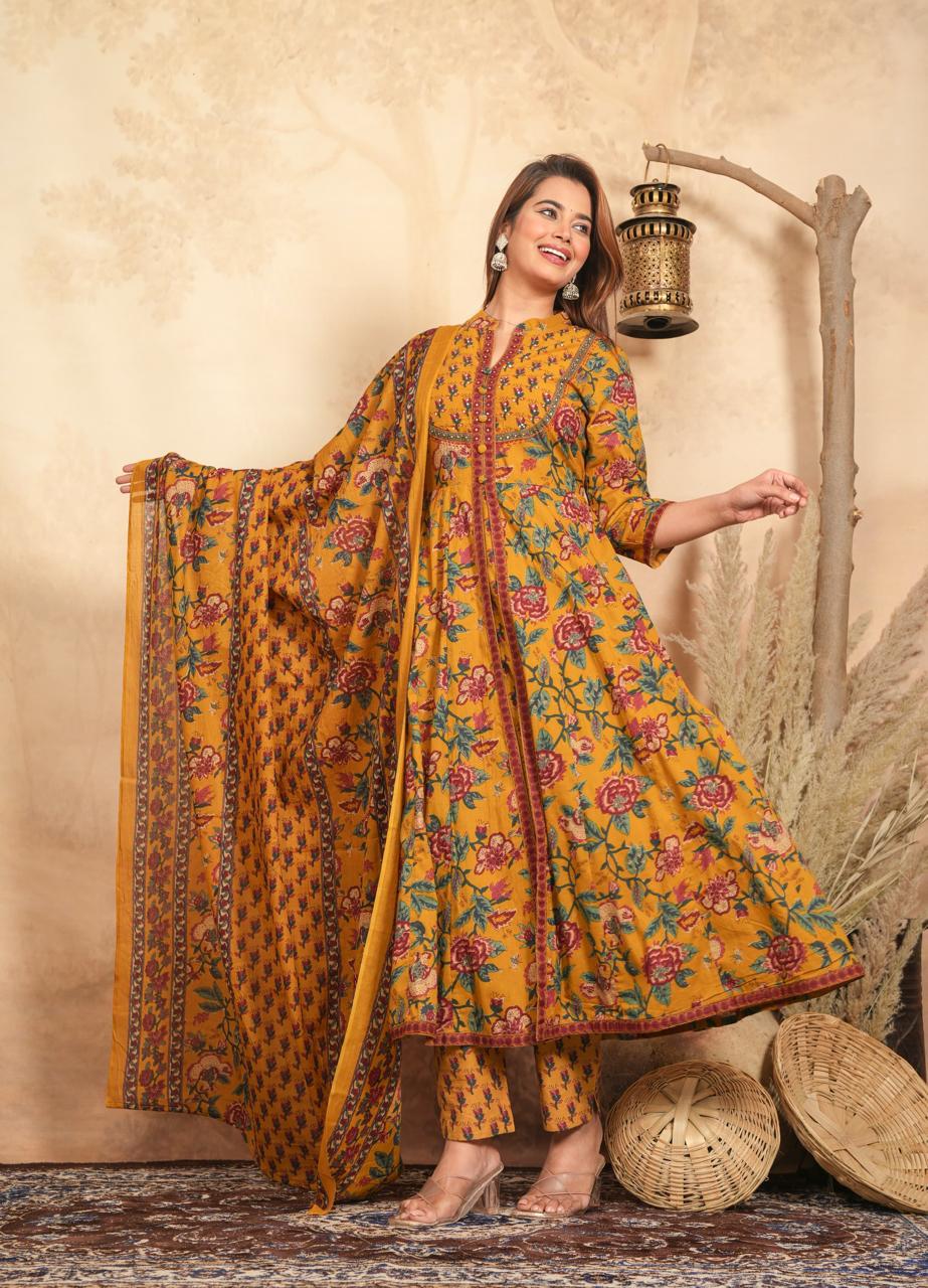 yellow 3 piece printed kurta set  (Z0152)