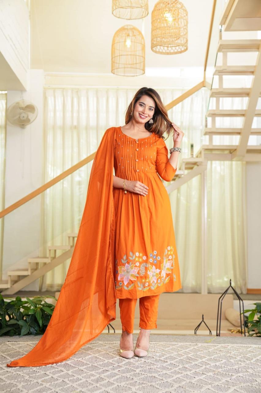 Sunset Orange Embroidered 3 piece Kurta Set (Z0155)