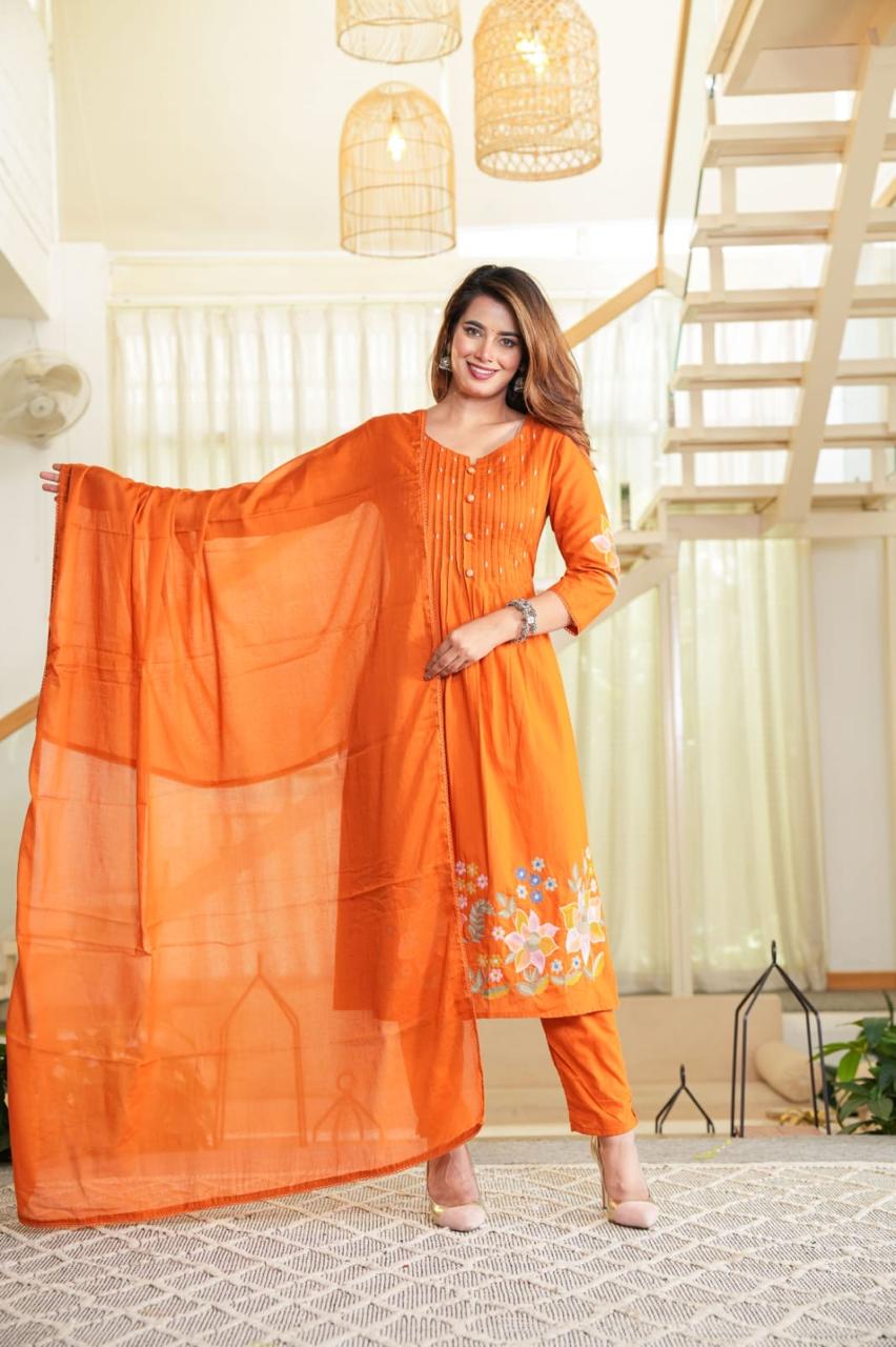Sunset Orange Embroidered 3 piece Kurta Set (Z0155)