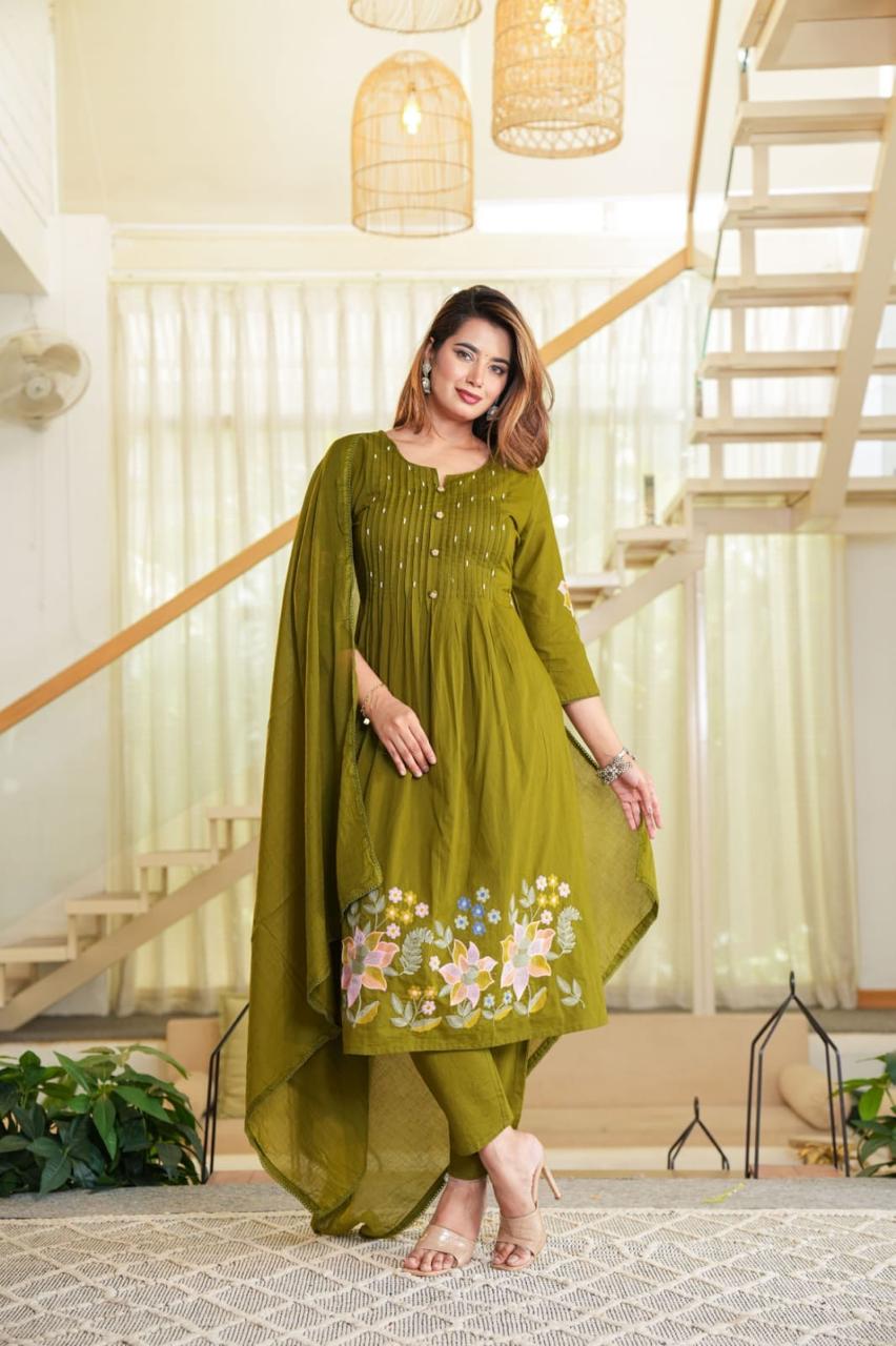 Olive green 3 piece  Kurta Set (Z0156)
