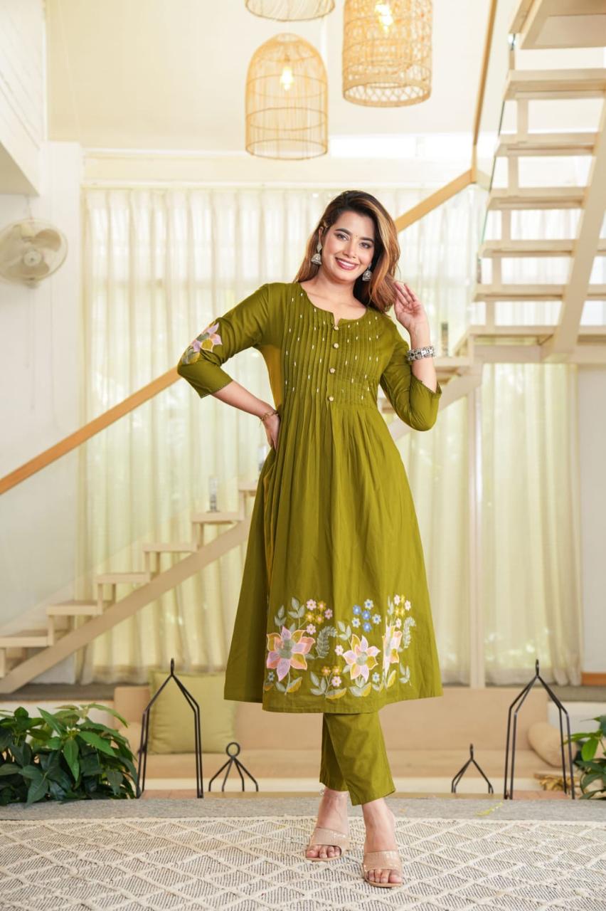 Olive green 3 piece  Kurta Set (Z0156)