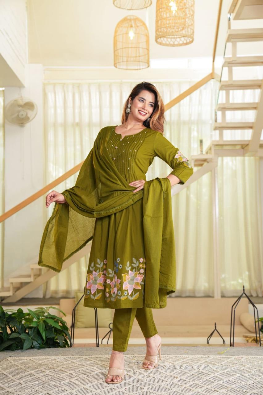 Olive green 3 piece  Kurta Set (Z0156)