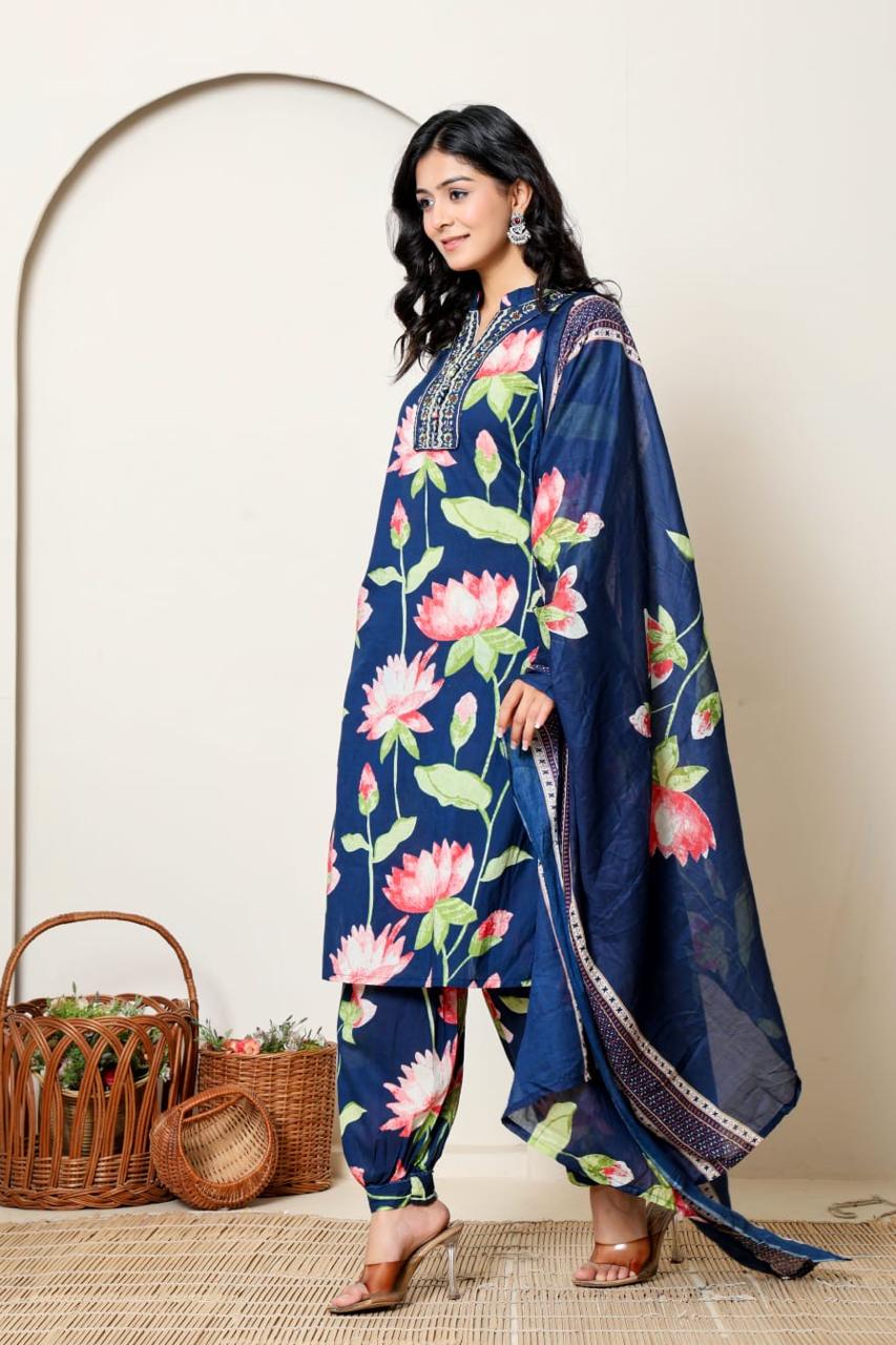 Navy Blue 3 piece Kurta Set with hand bag and earrings Combo (12)