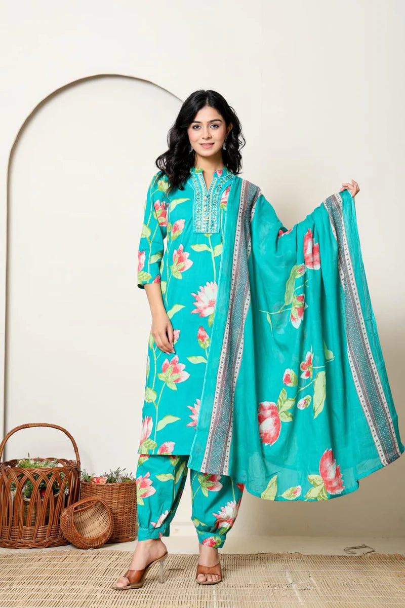 Blooming Beauty Combo – Floral Suit Set, Earrings & Bag ( C10 )