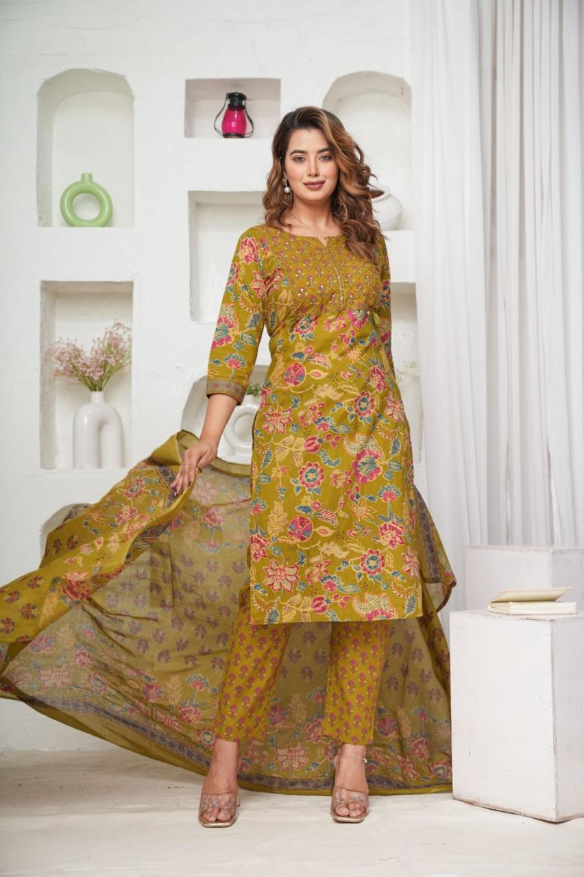 Olive Green 3 Piece Kurta Set (Z0160)