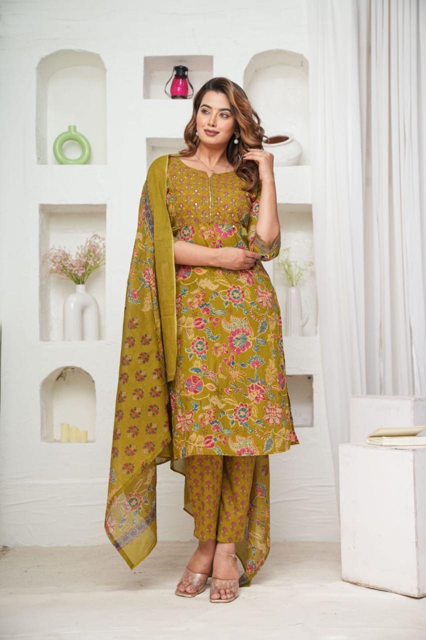 Olive Green 3 Piece Kurta Set (Z0160)