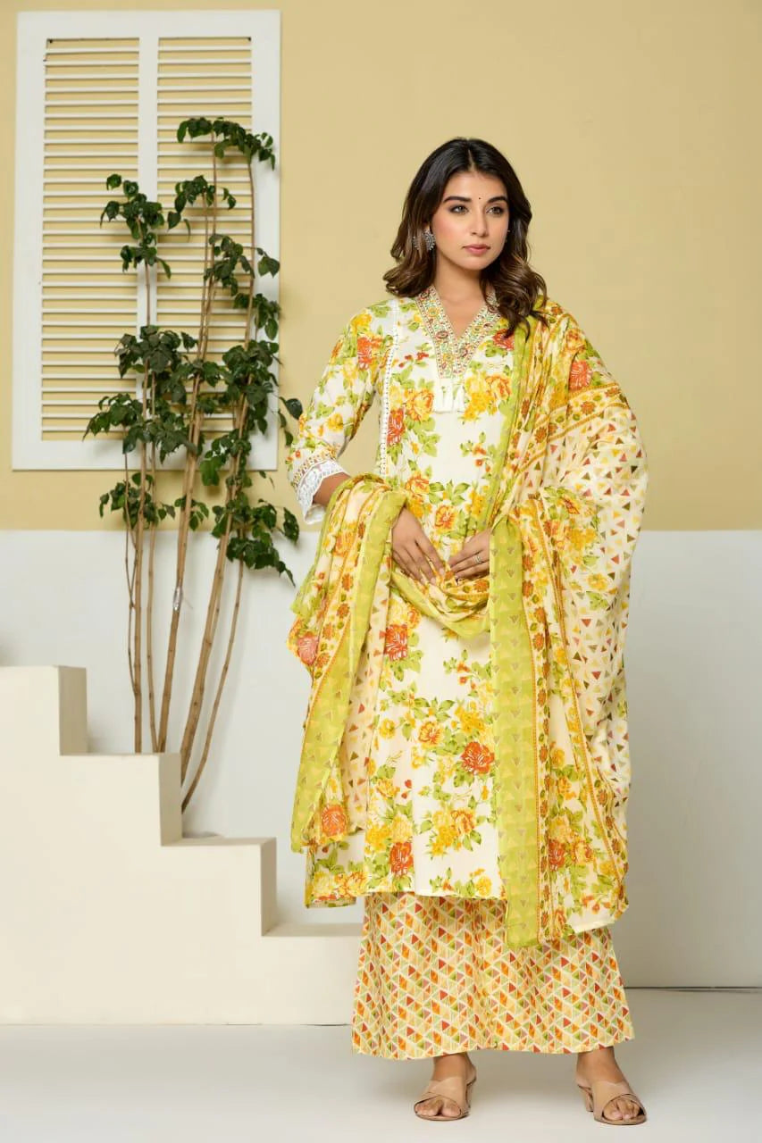 Yellow and White Floral 3 Piece Kurta Set with hand bag and earrings Combo (C24)