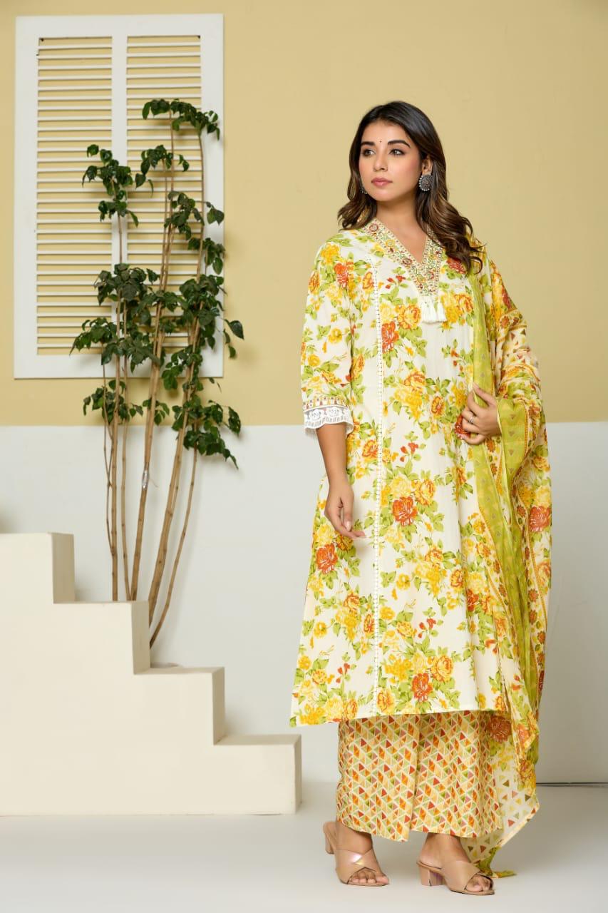 Yellow and White Floral 3 Piece Kurta Set (Z0165)