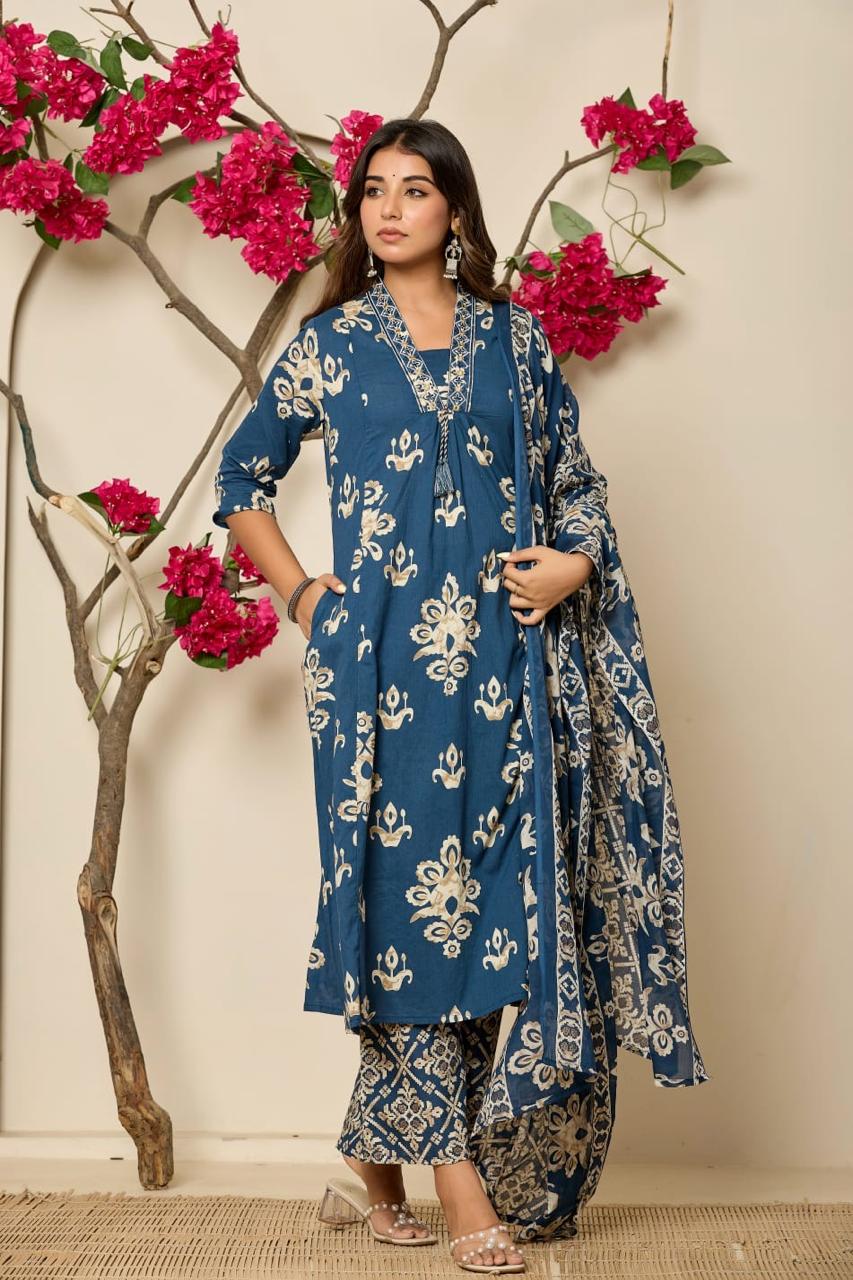 Blue and Beige Printed 3 Piece Kurta Set (Z0167)