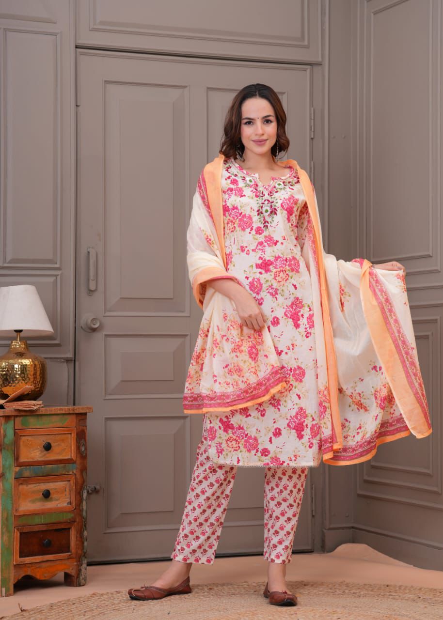 White with Pink Colour 3 Piece Kurta Set  (Z0175)