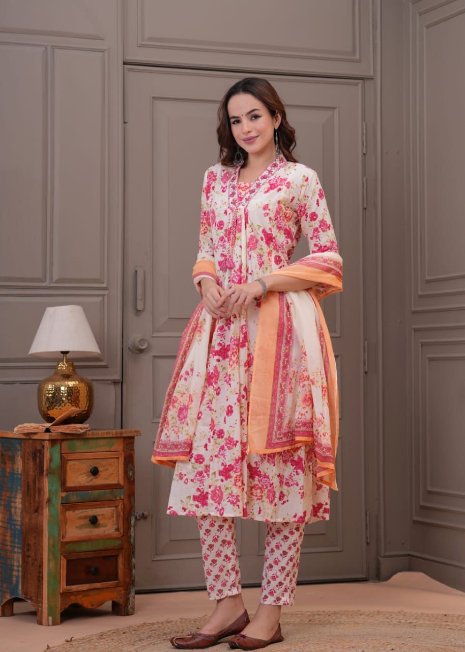 Pink Ivory Floral 3 Piece Kurta Set (Z0176)