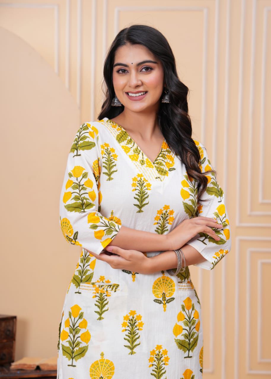 Yellow White Printed Kurta Set (Z0178)