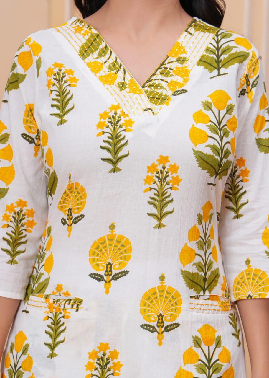 Yellow White Printed Kurta Set (Z0178)