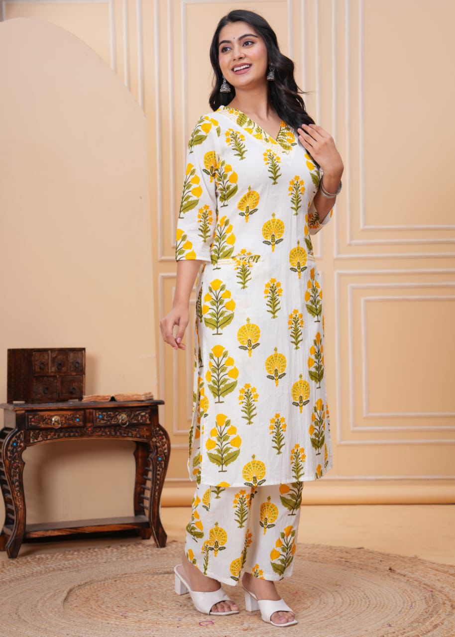 Yellow White Printed Kurta Set (Z0178)