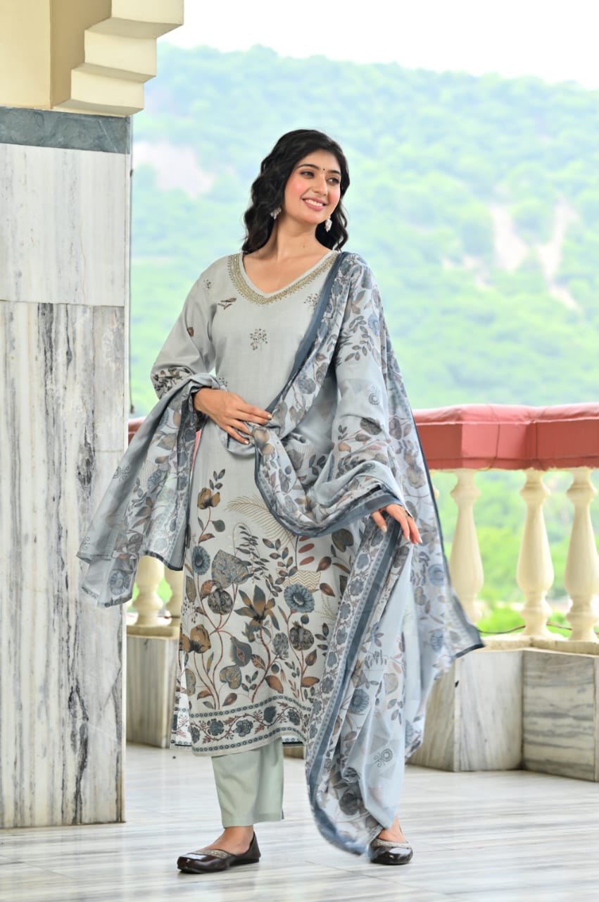 Dusty Blue Floral 3 Piece Kurta Set  (Z0191)