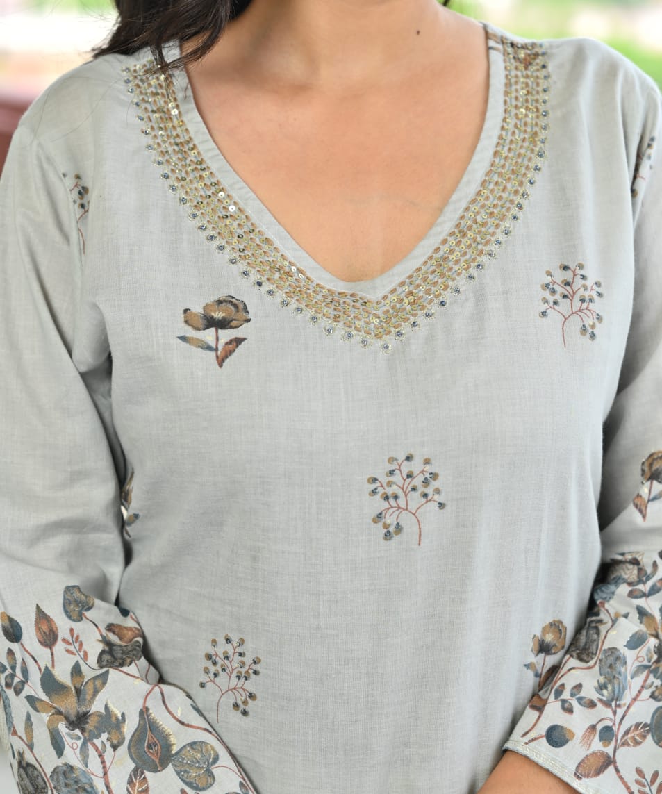 Dusty Blue Floral 3 Piece Kurta Set  (Z0191)