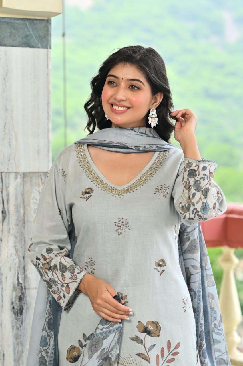 Dusty Blue Floral 3 Piece Kurta Set  (Z0191)