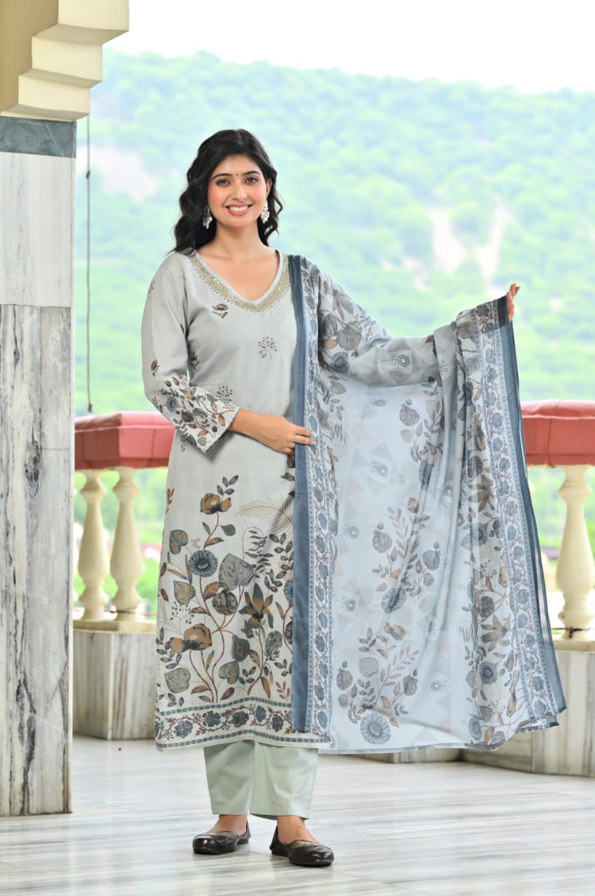 Dusty Blue Floral 3 Piece Kurta Set  (Z0191)