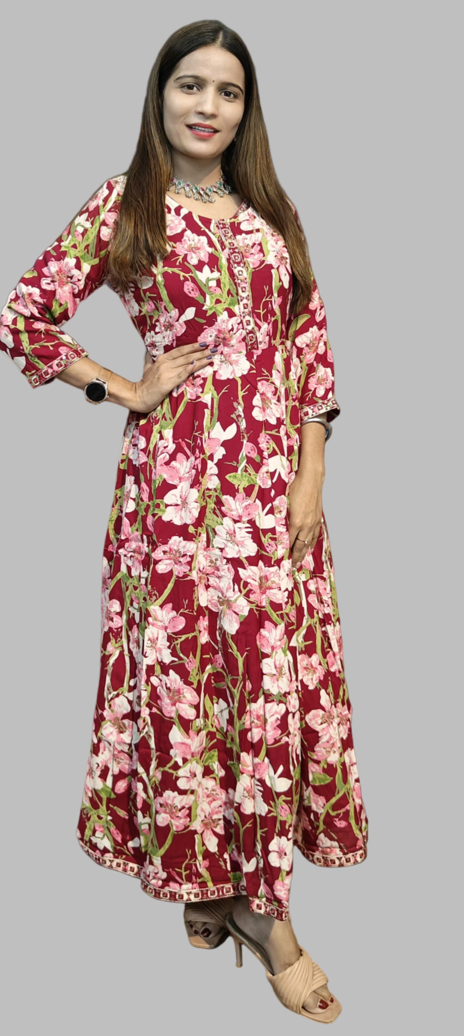 Maroon Pink Floral Gown  (Z0193)