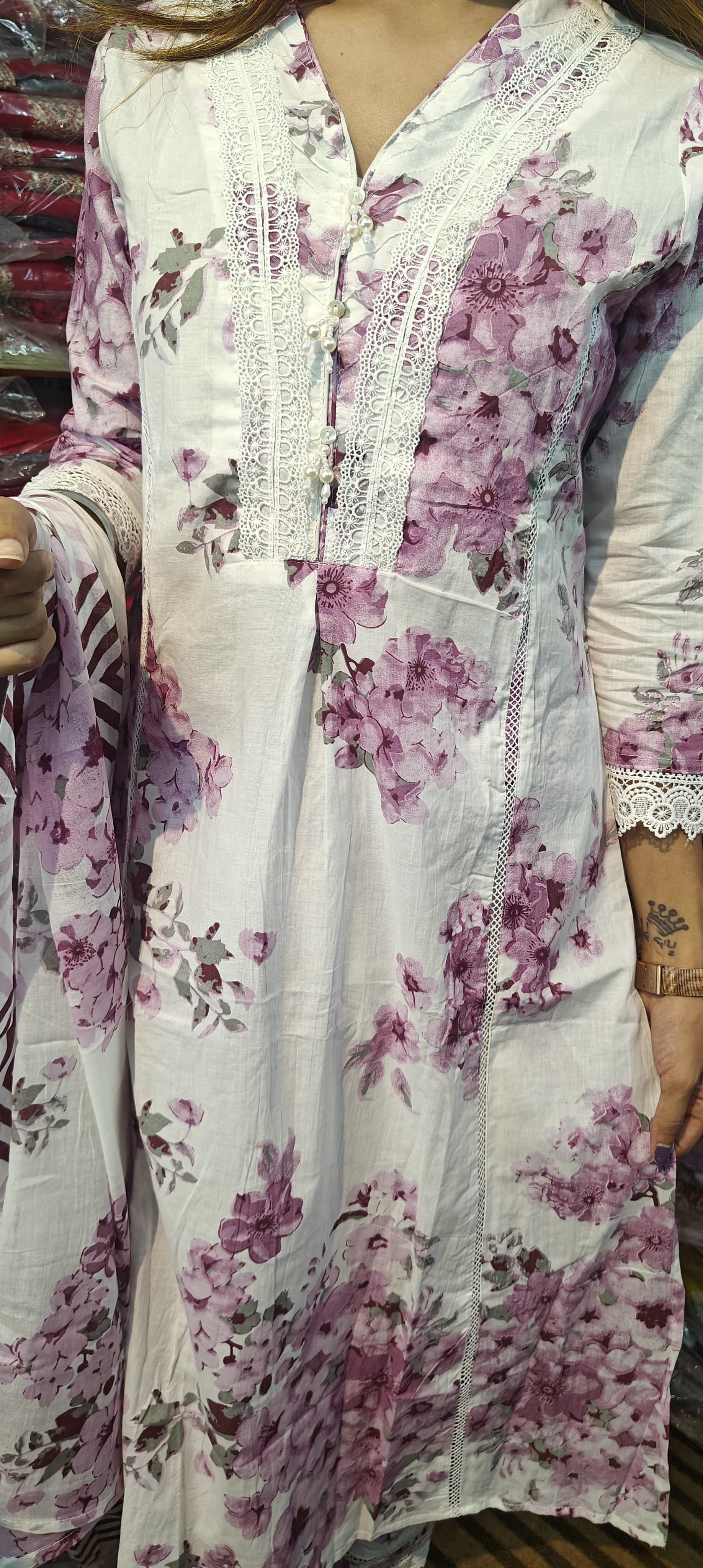 White with Lavender Floral  3 Piece Kurta Set  (Z0187)