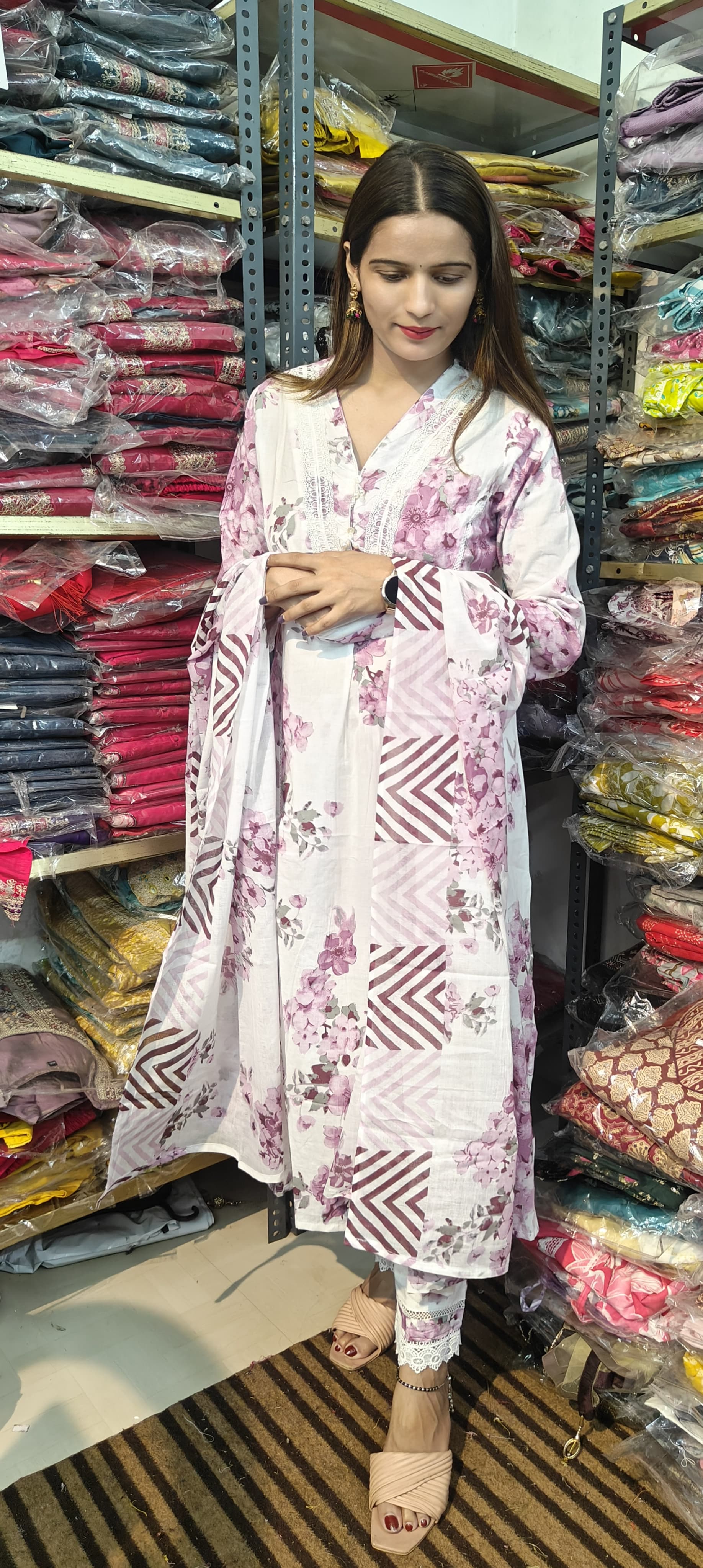 White with Lavender Floral  3 Piece Kurta Set  (Z0187)