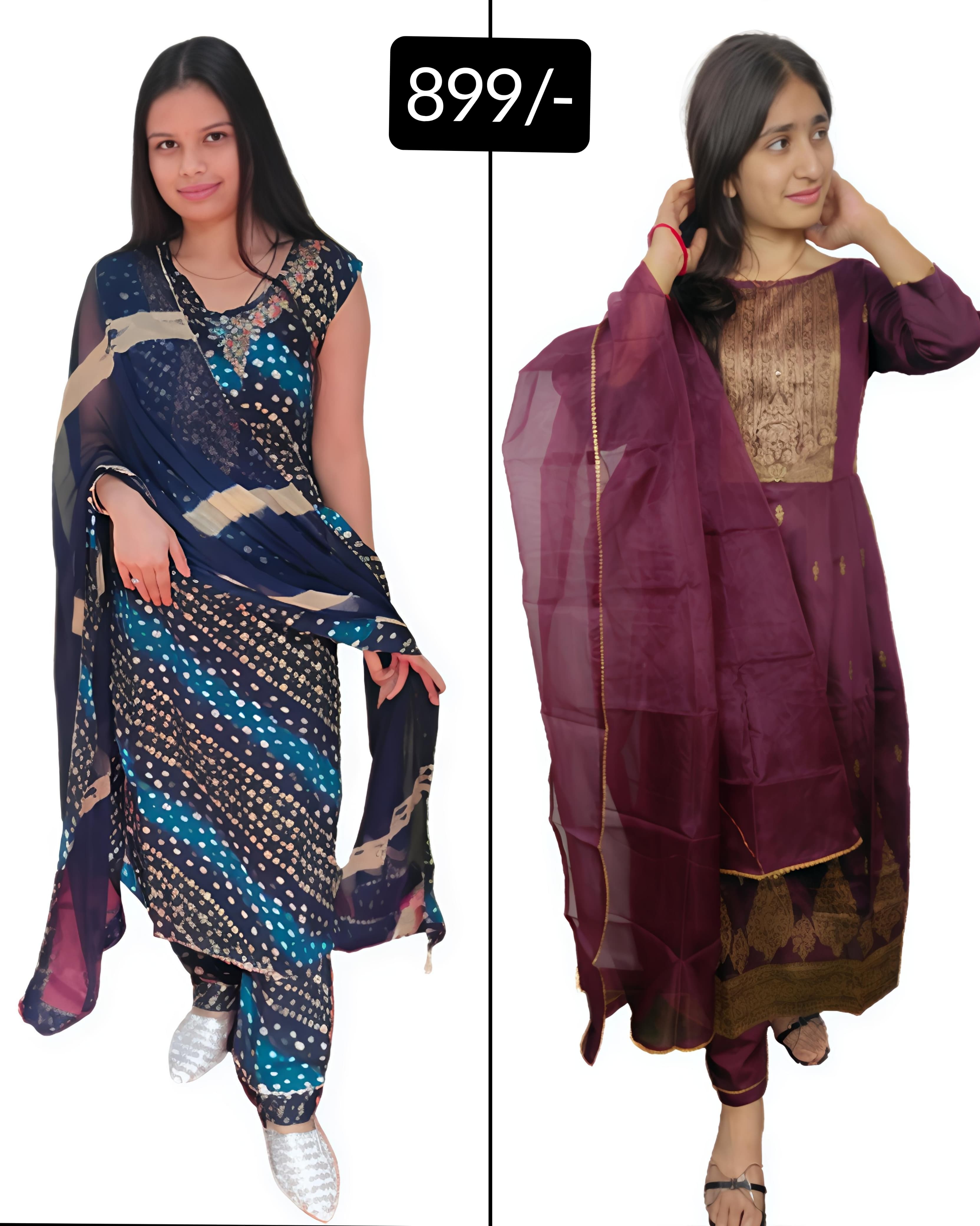 Blue Colour bandhani print and and maroon color nira 3 piece sets Combo (C17)