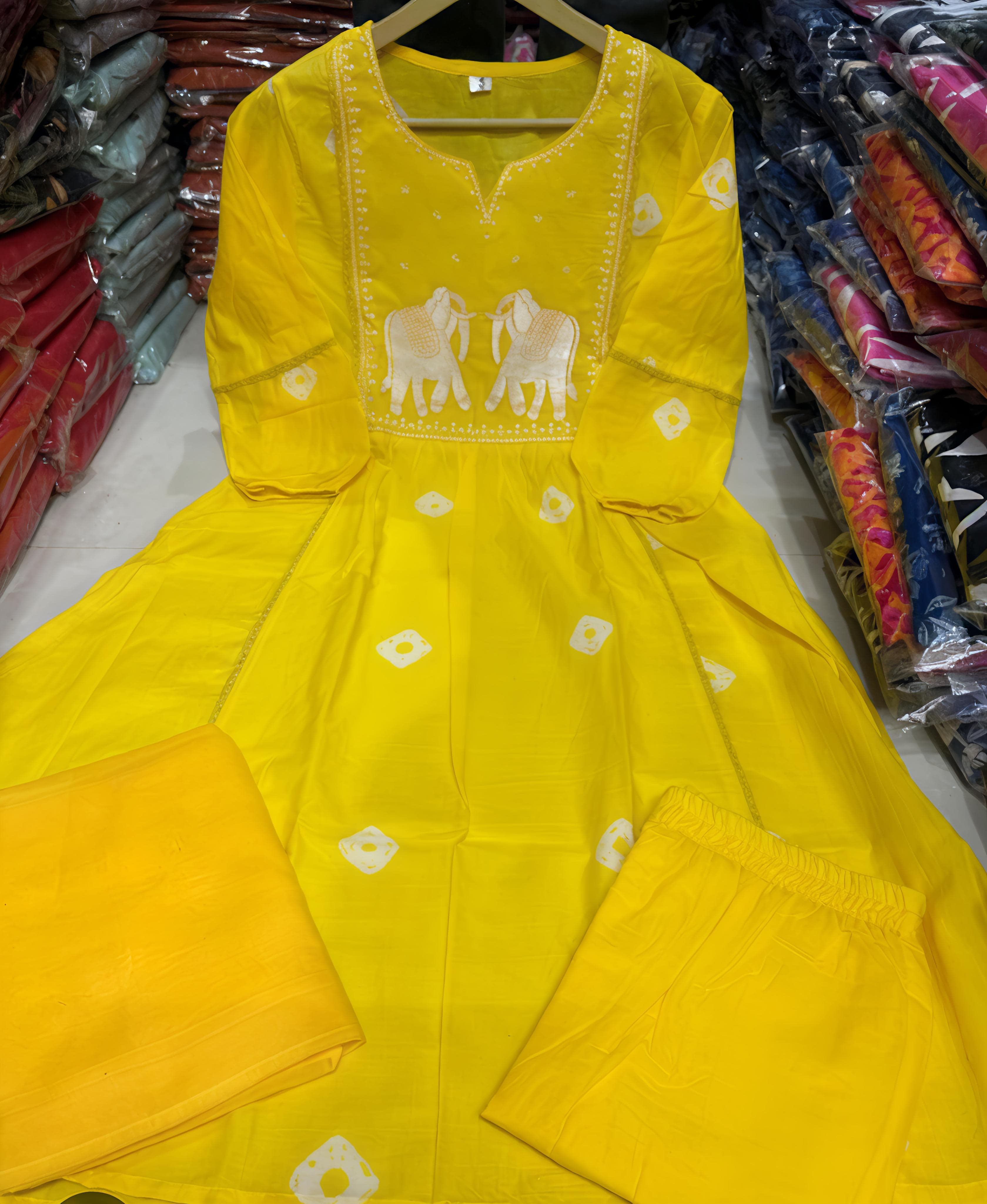 Yellow colour elephent print 3 piece kurta set (Z0202)
