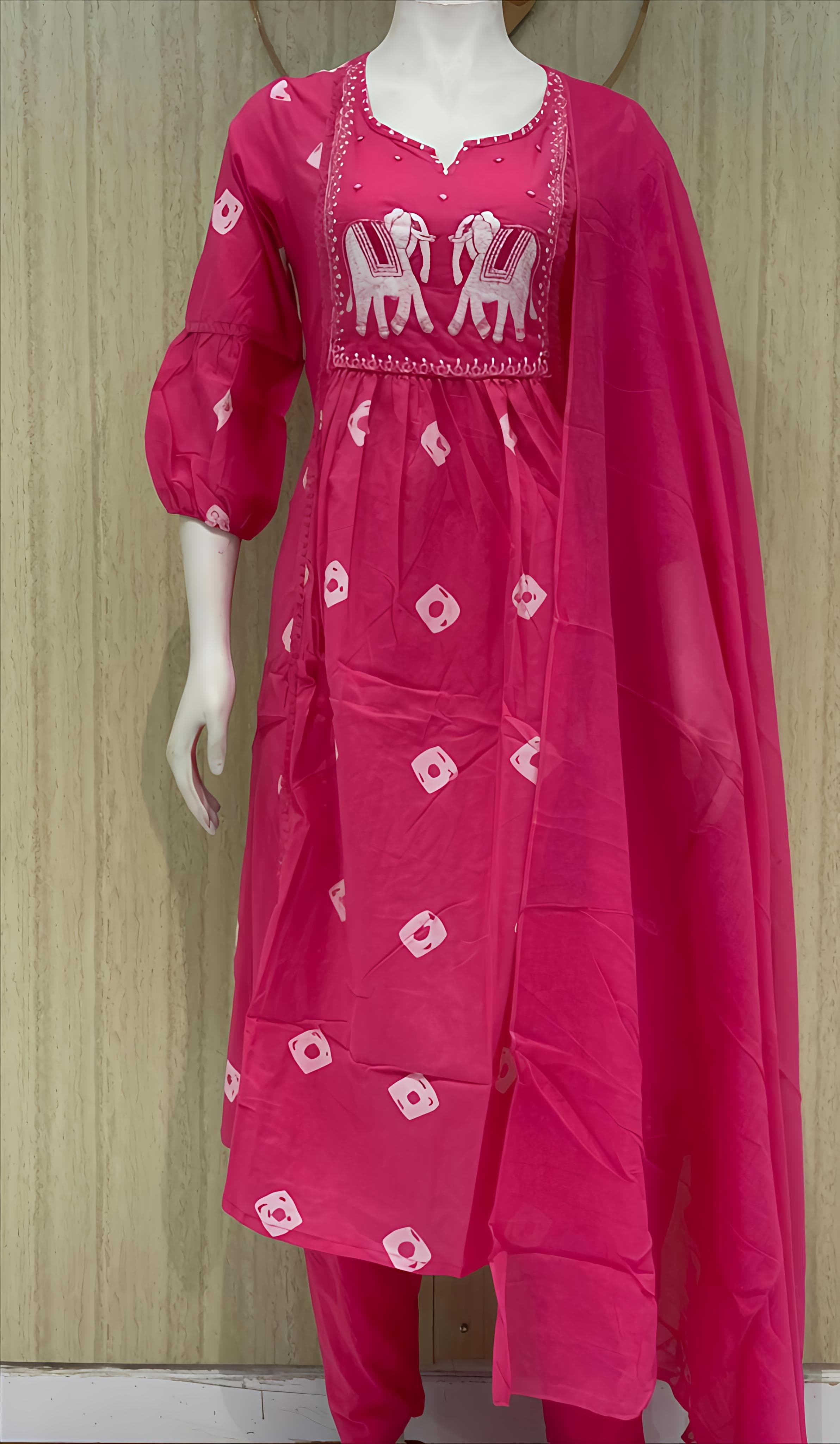 pink colour elephent print 3 piece kurta set (Z0203)