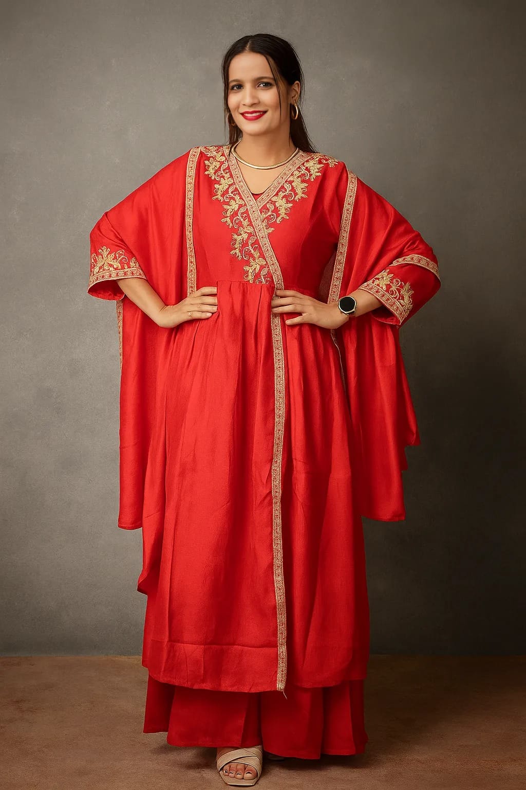 Red Embroidered pure chinon 3-Piece Kurta Set (Z0280)
