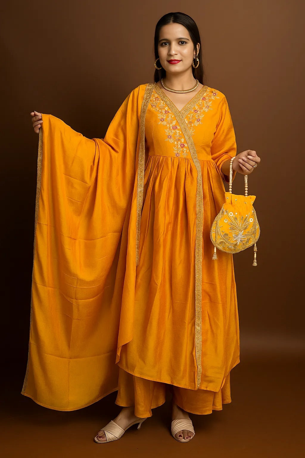 yellow Embroidered pure chinon 3-Piece Kurta set  (Z0281)