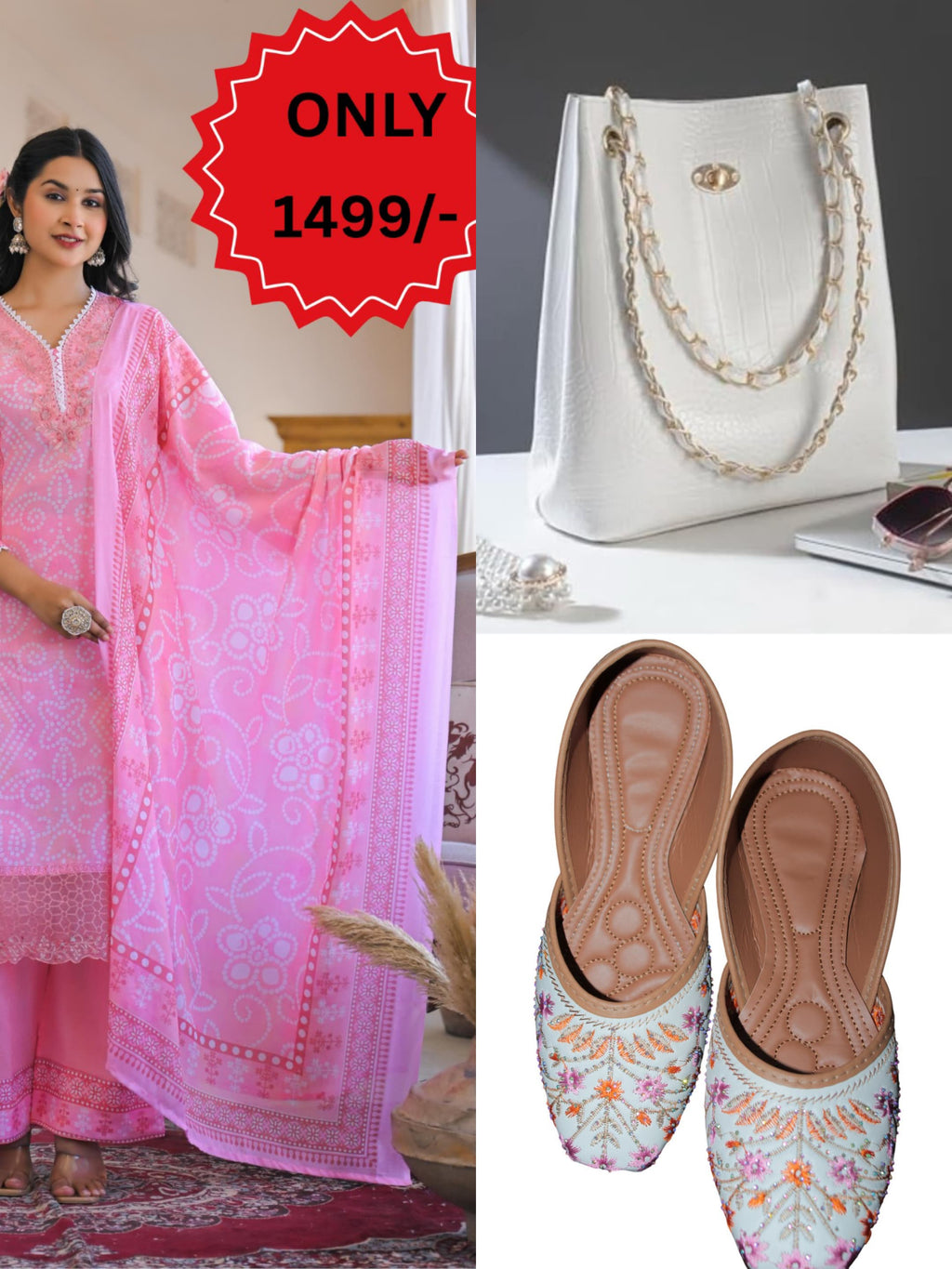Pink 3/4 Sleeves Jam Cotton Suit, Beautiful Bag, Jutti COMBO OFFER  ONLY 1499/-