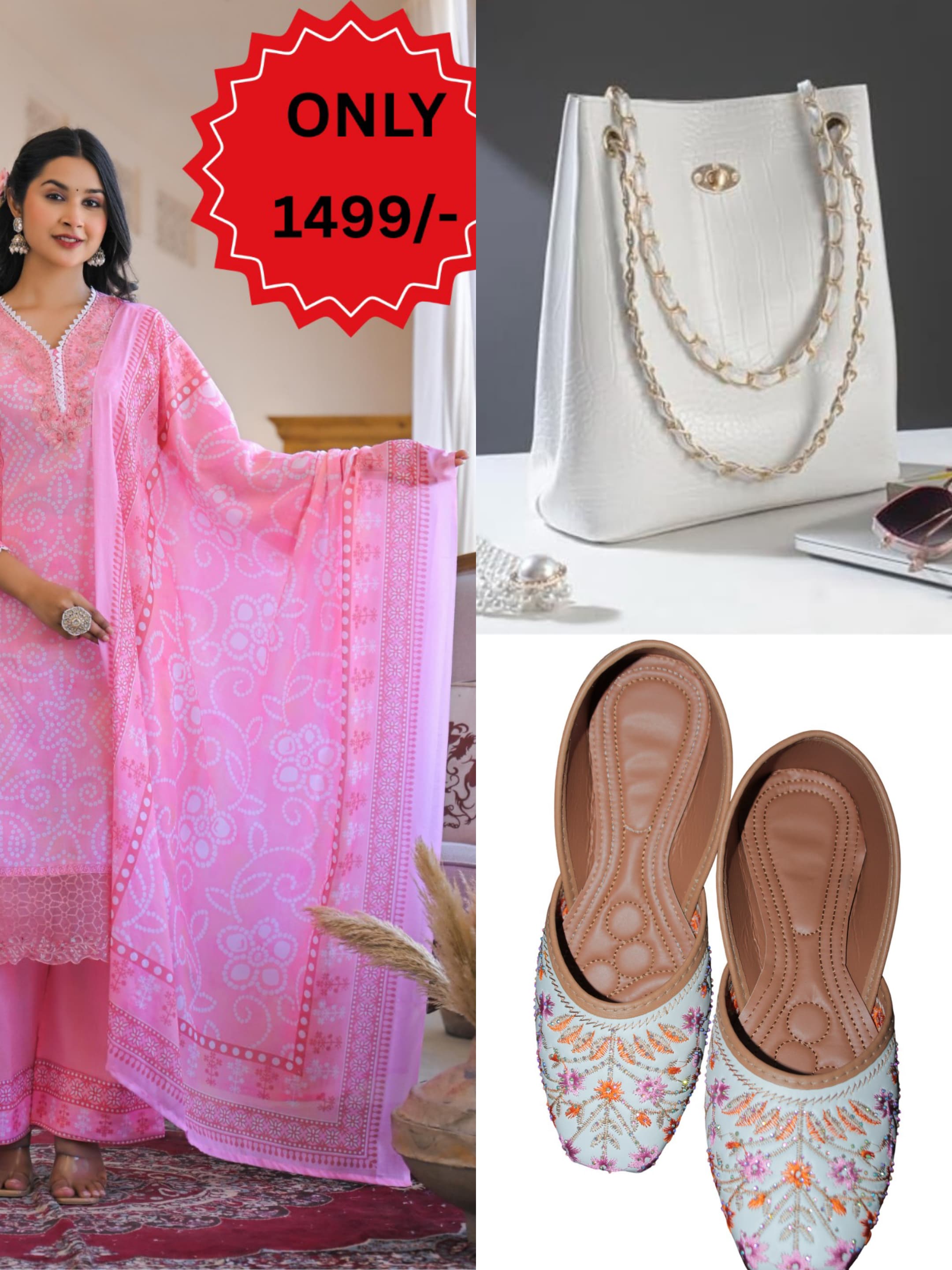 Pink 3/4 Sleeves Jam Cotton Suit, Beautiful Bag, Jutti COMBO OFFER  ONLY 1499/-