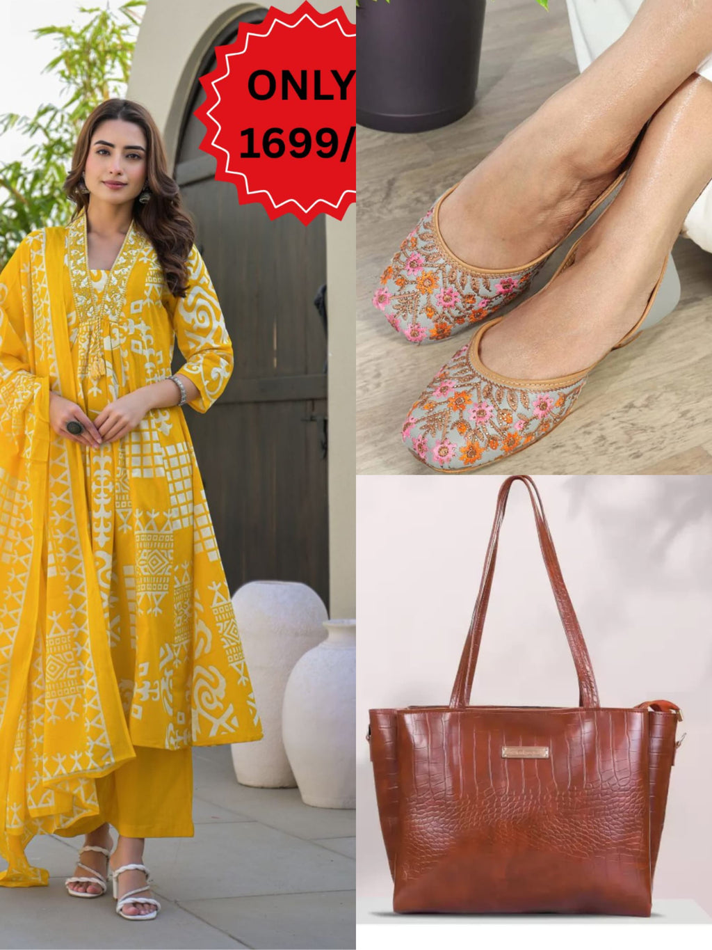 Yellow 3/4 Sleeves Jam Cotton Suit, Beautiful Bag, Jutti COMBO OFFER 1699/-