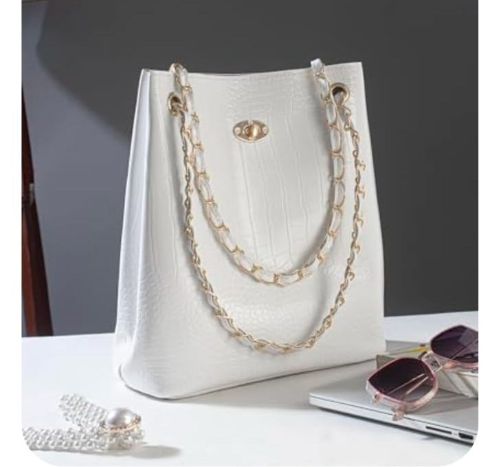 WHITE CORD SET,  BEAUTIFUL EARING & HAND BEG ONLY 899/-