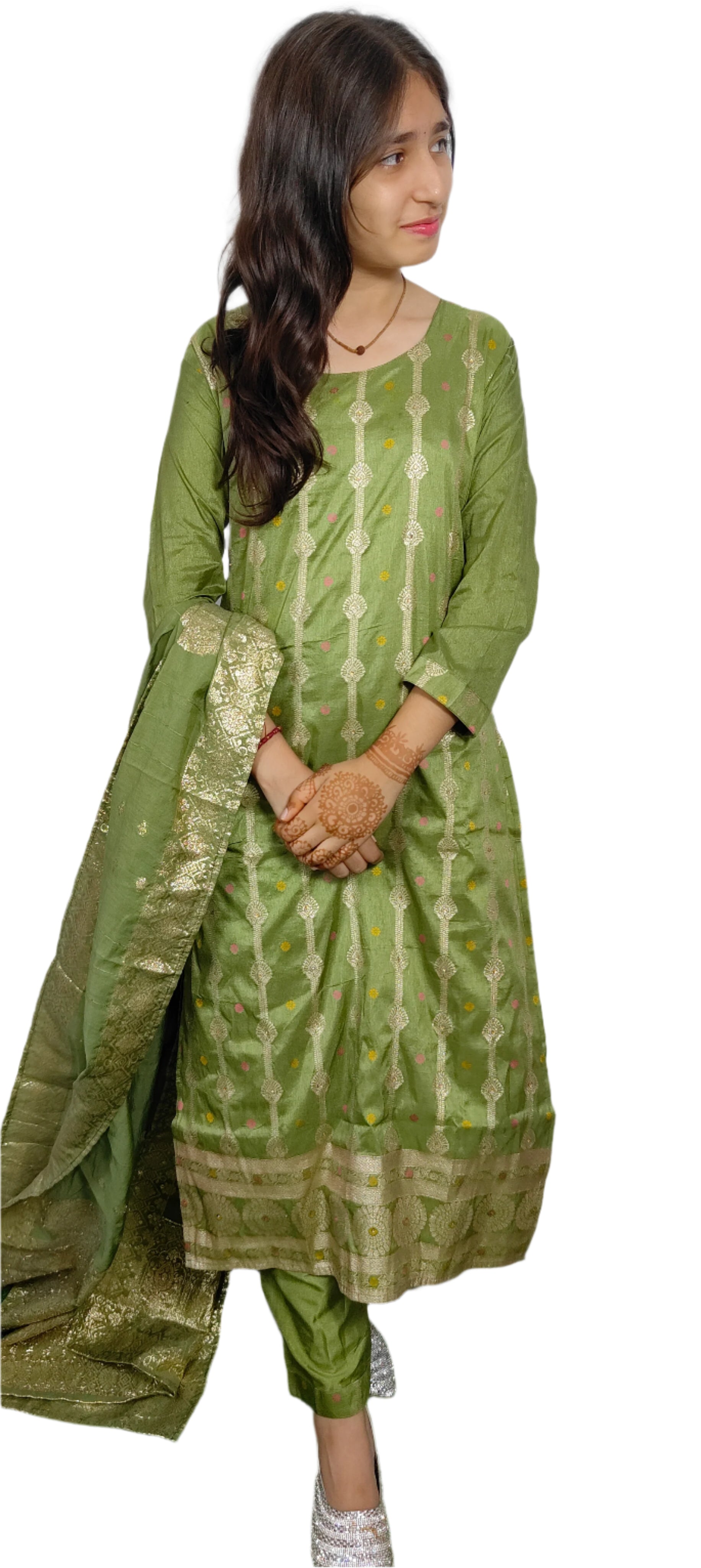 Olive Green 3 piece  Kurta Set (Z071)