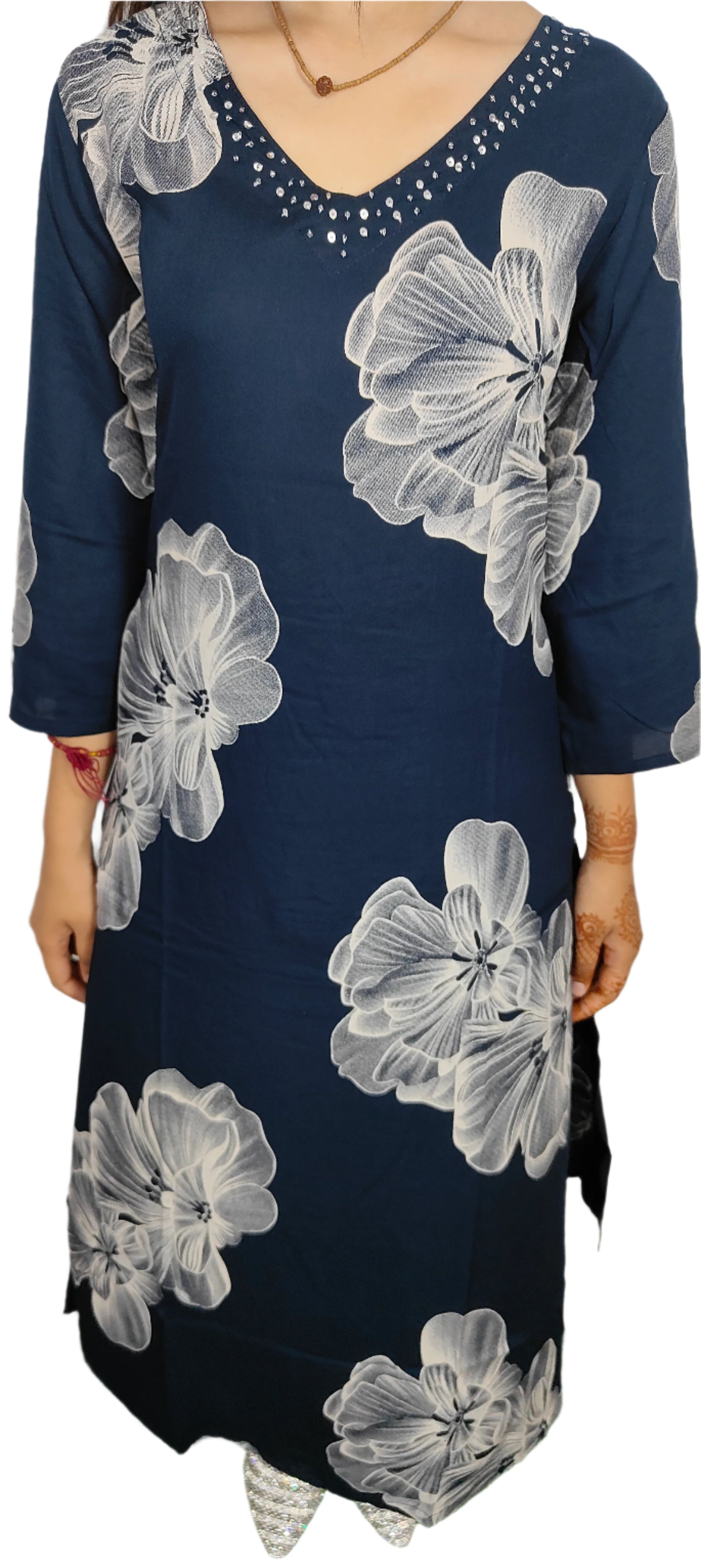 Navy Floral Kurta With Prints (Z073)