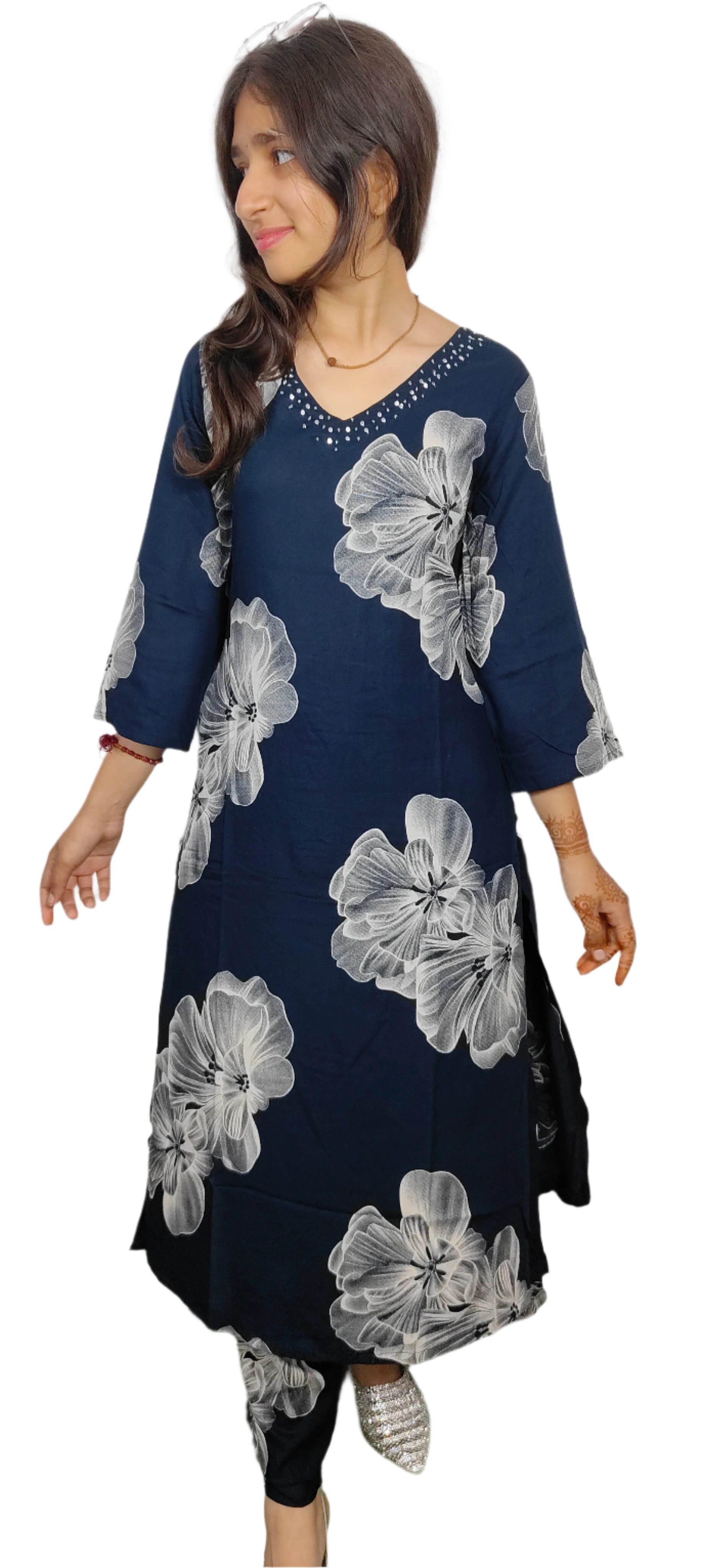 Navy Floral Kurta With Prints (Z073)