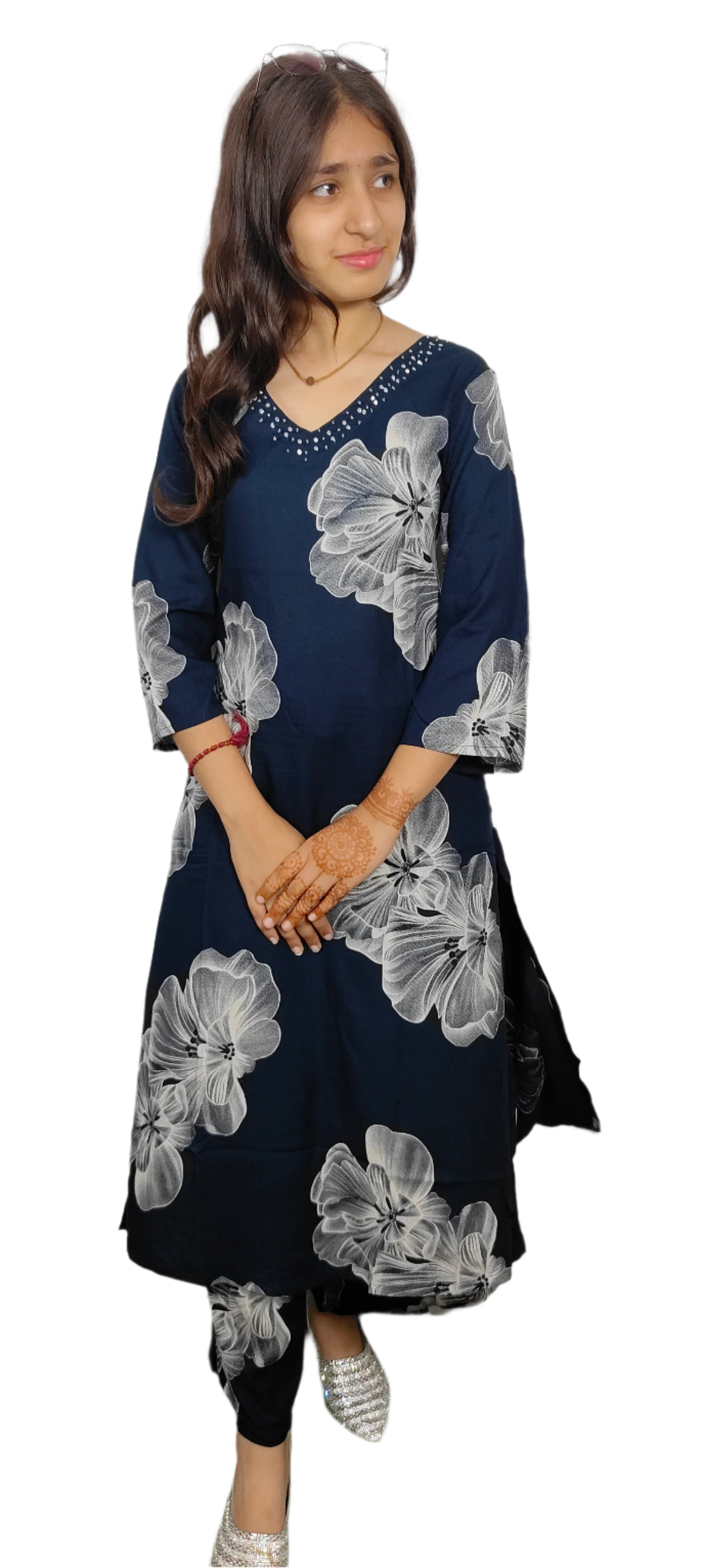 Navy Floral Kurta With Prints (Z073)