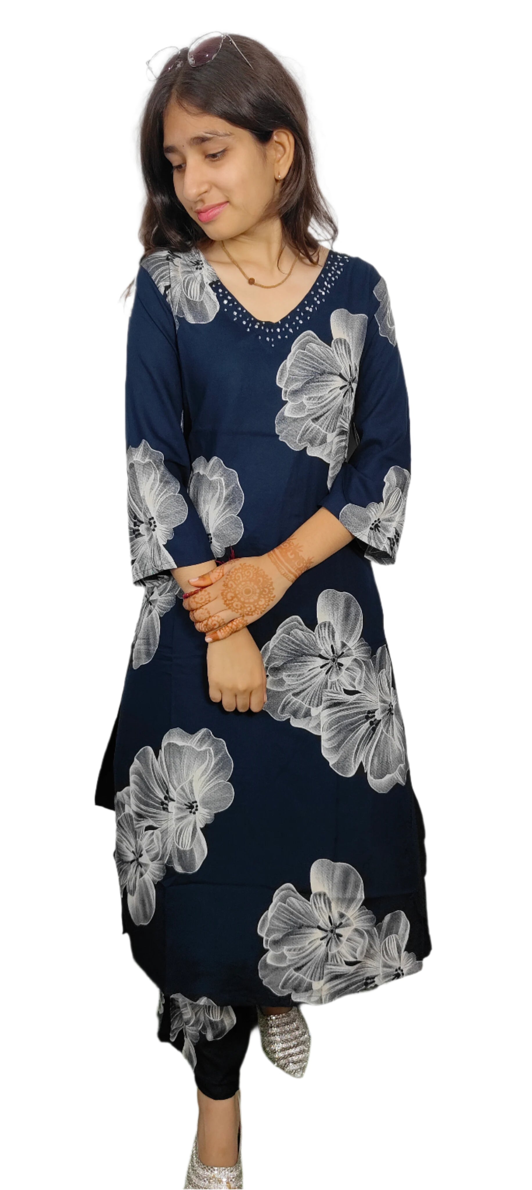 Navy Floral Kurta With Prints (Z073)