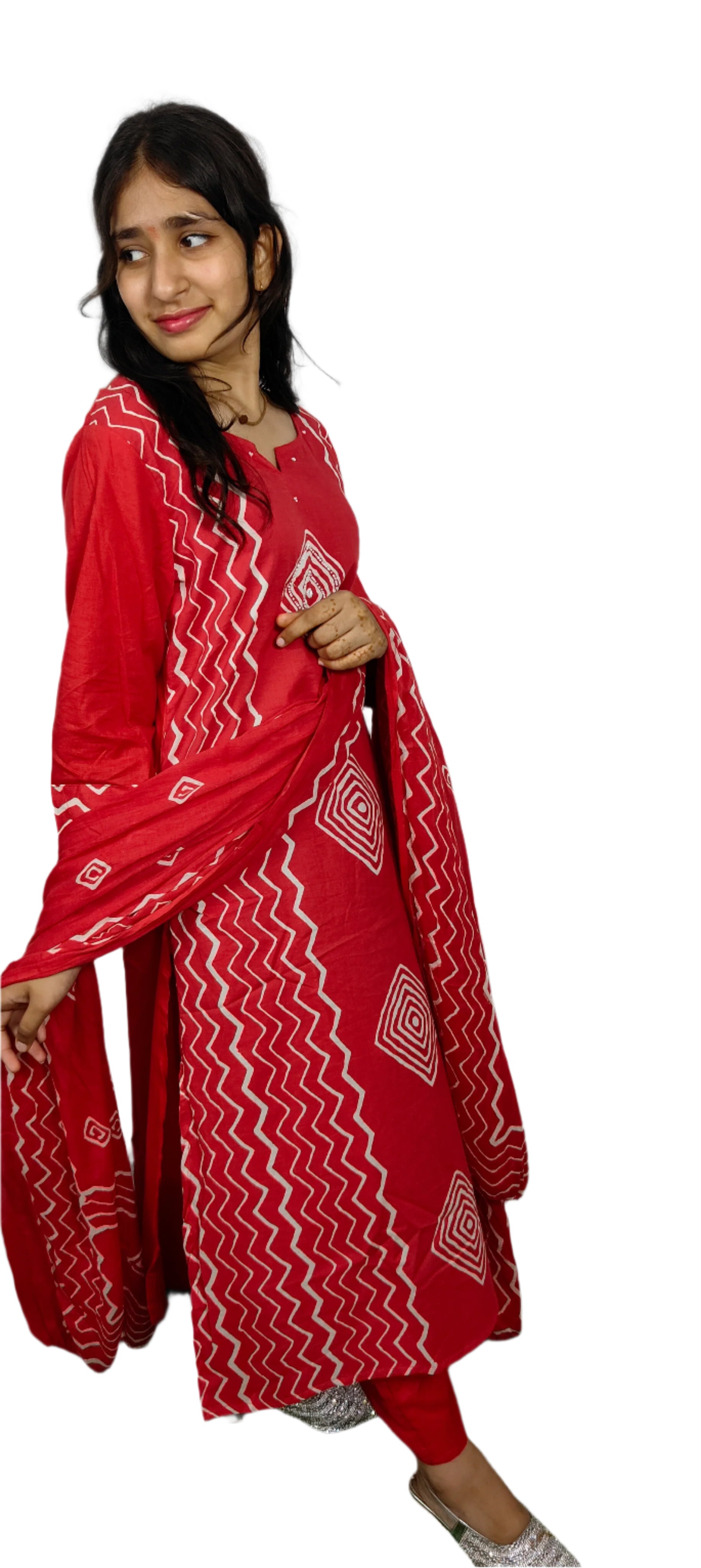 Red Bandhani 3 piece Kurta Set (Z087)
