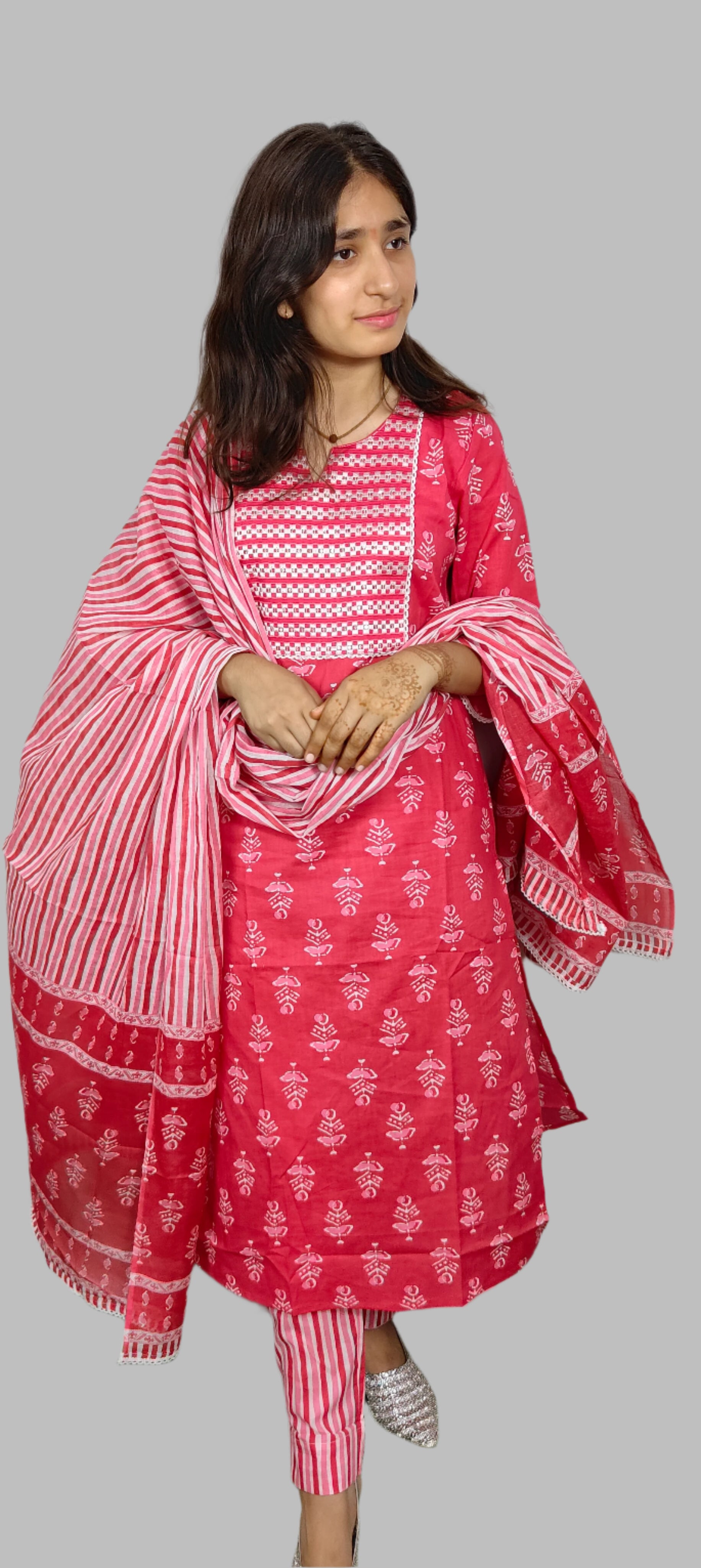 Pink Handblock 3 Pice Kurta Set (Z090)