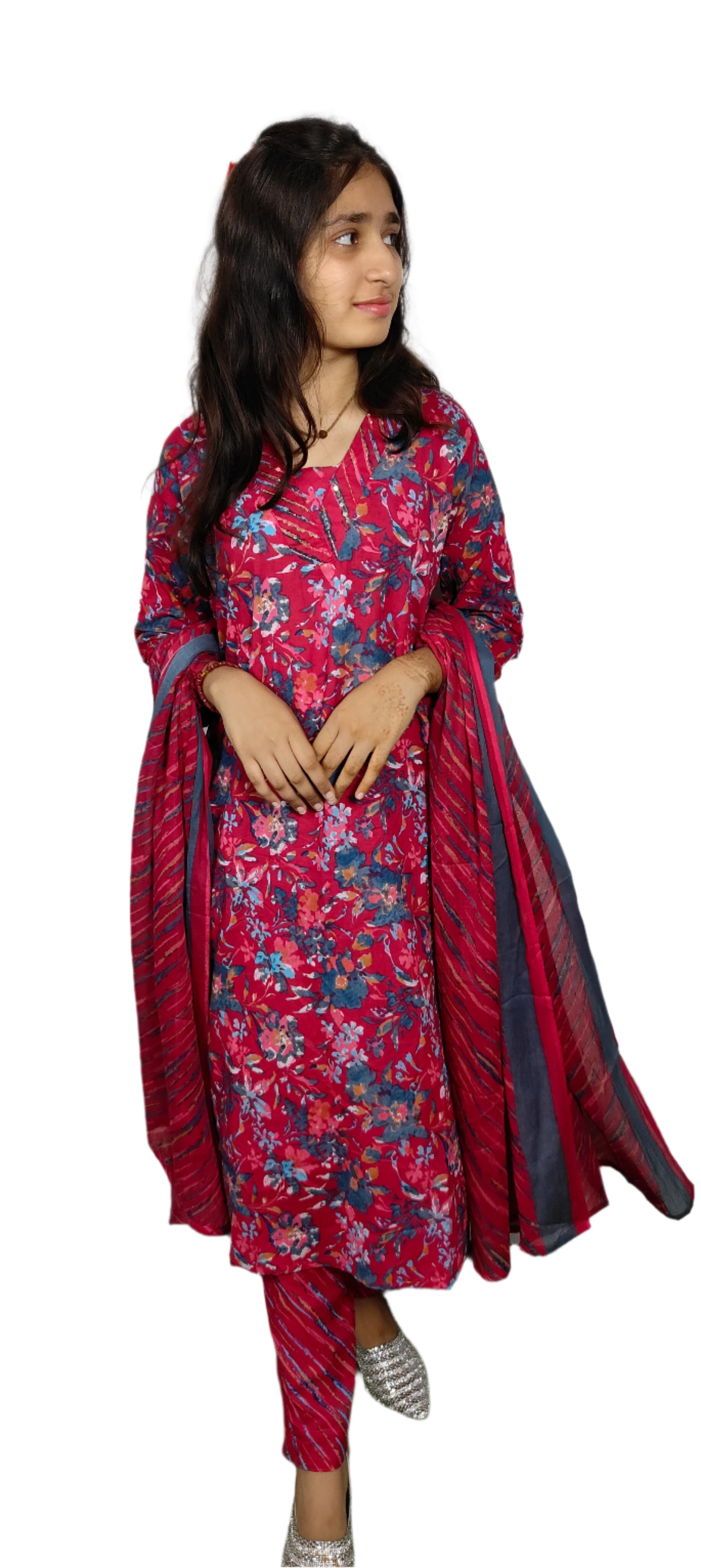 Red Floral Printed 3 piece Kurta Set (Z091)