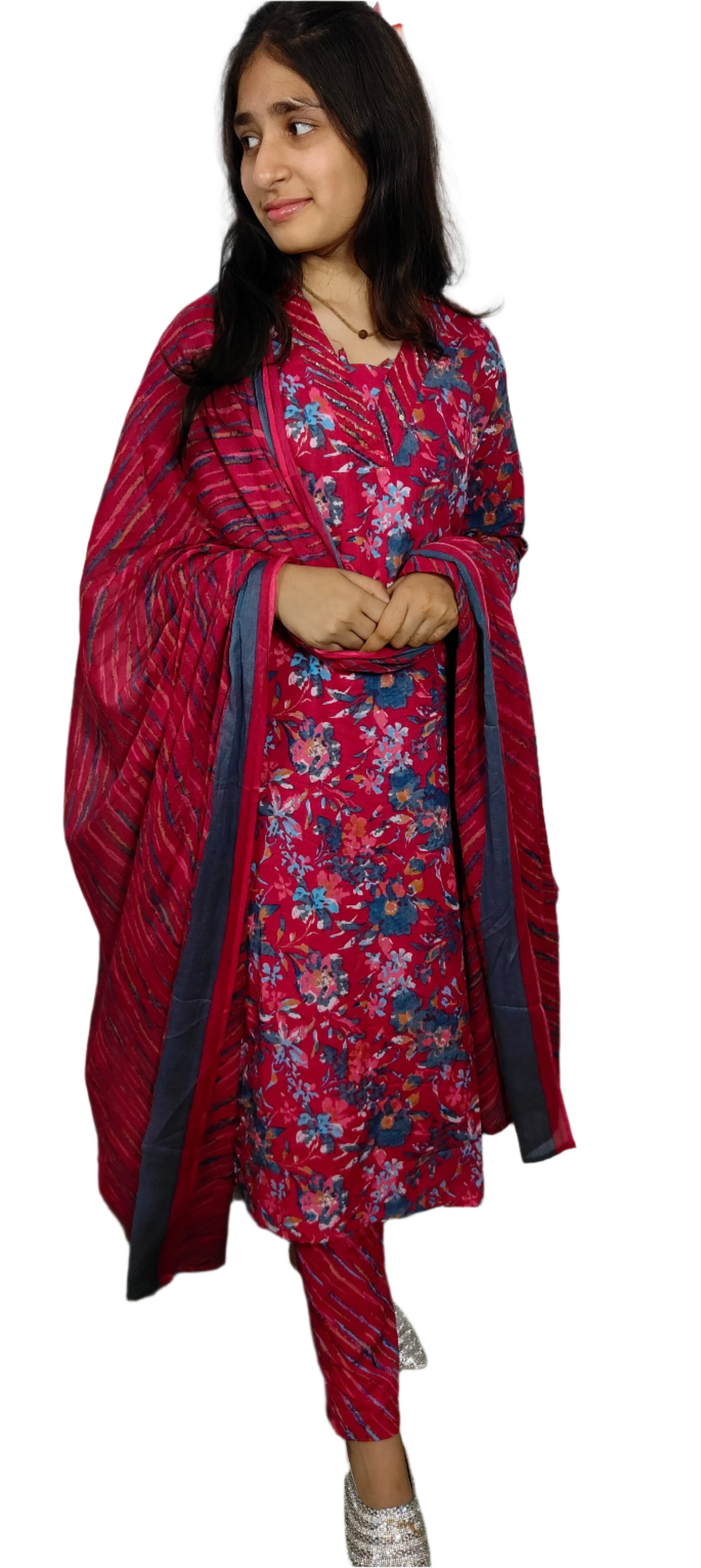 Red Floral Printed 3 piece Kurta Set (Z091)