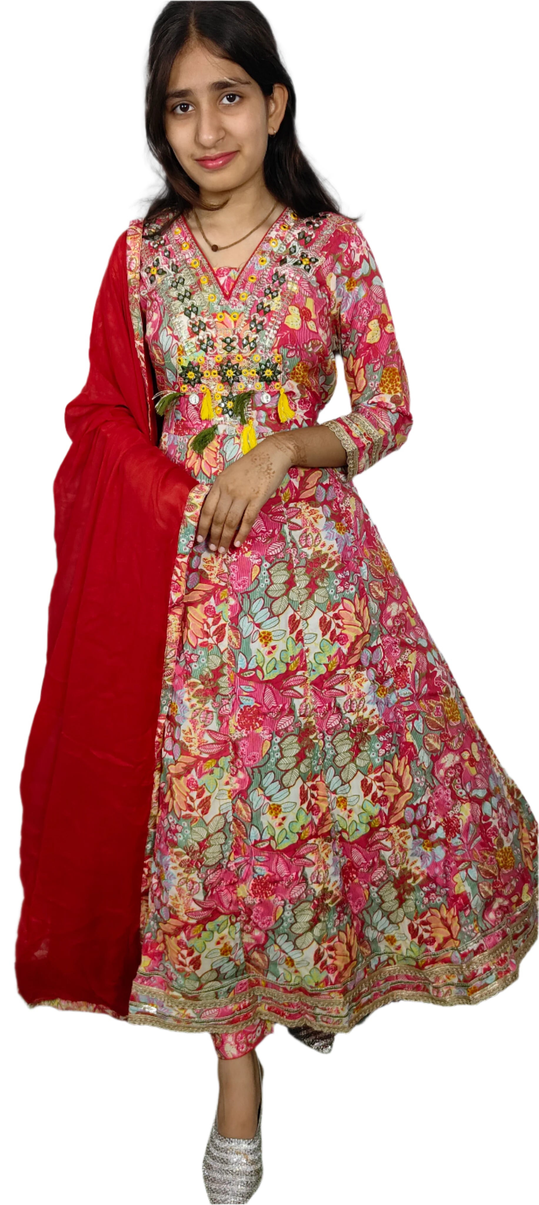 Floral Anarkali Suit with Red Dupatta (Z093)
