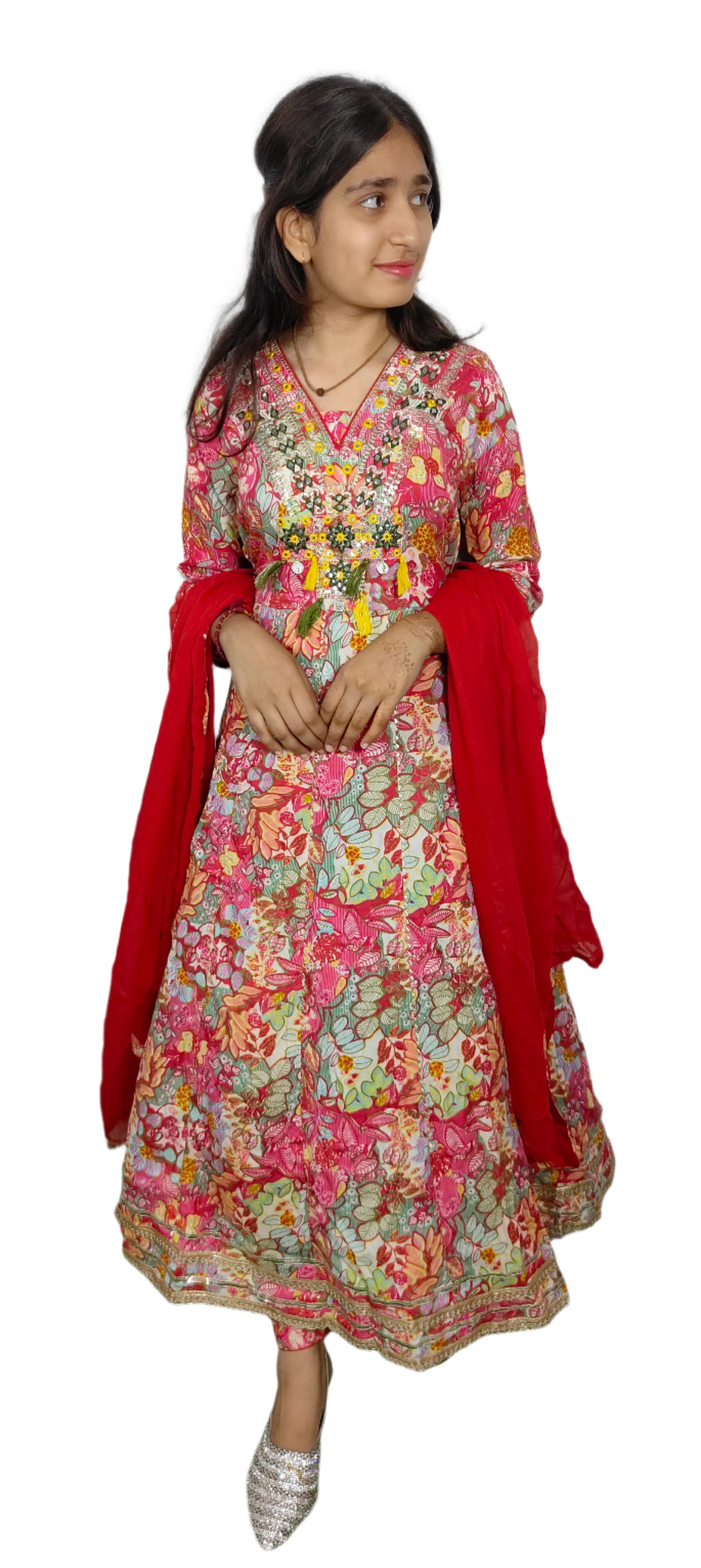 Floral Anarkali Suit with Red Dupatta (Z093)